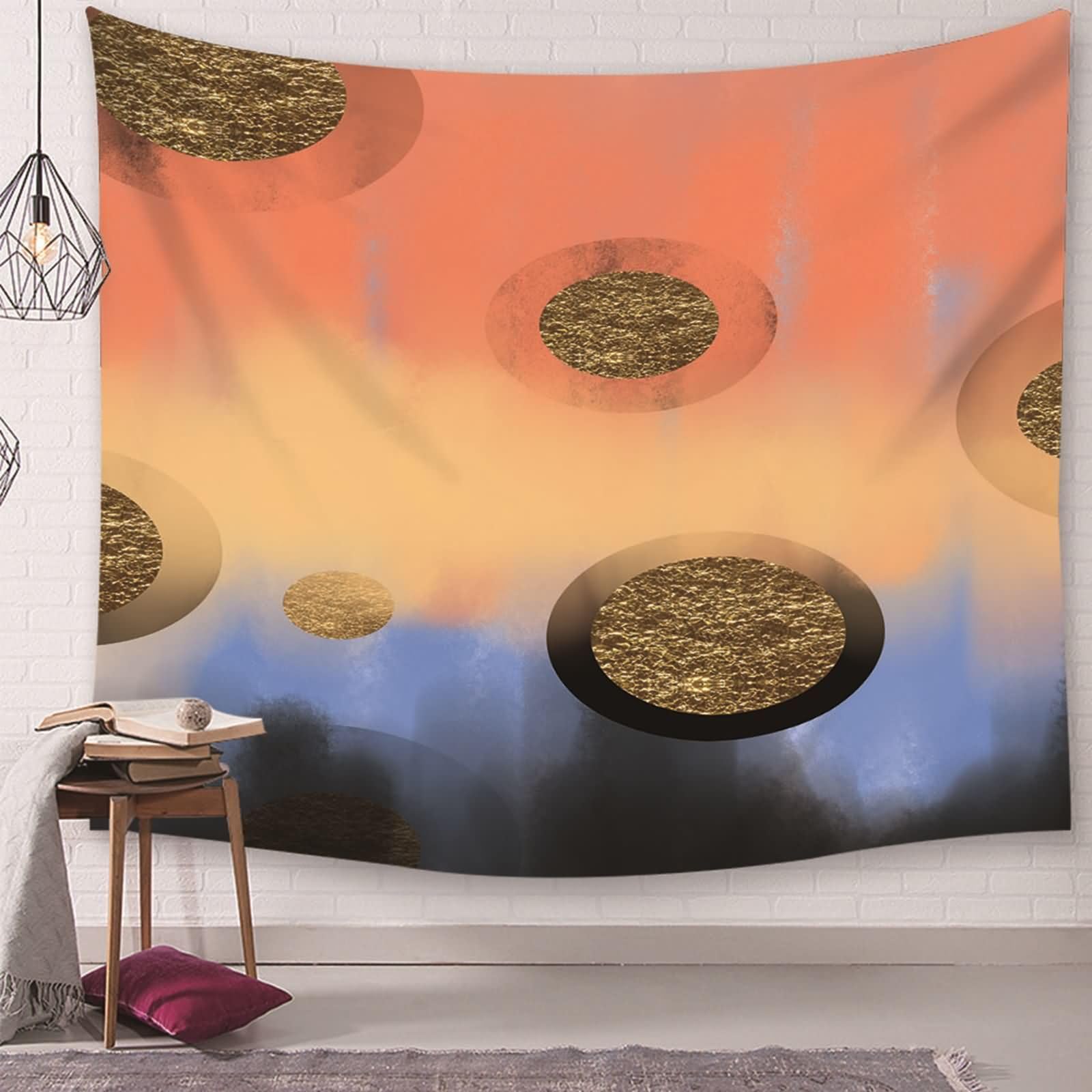 Homxi Dywan ścienny, ozdoba na ścianę, 200 x 200 cm, poliester, okrągły wzór, chusta na ścianę, pomarańczowa, czarna, złota
