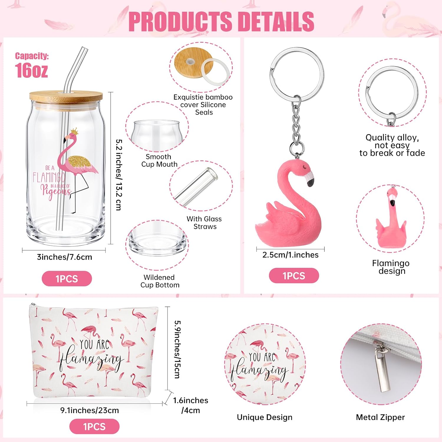 Hushee 3 Pcs Flamingo Theme for Women You Are Flamingo Makeup Bag and Glass Cup with Lid Straw Keychain for Women Day Friend Staff Coworker - Image 2