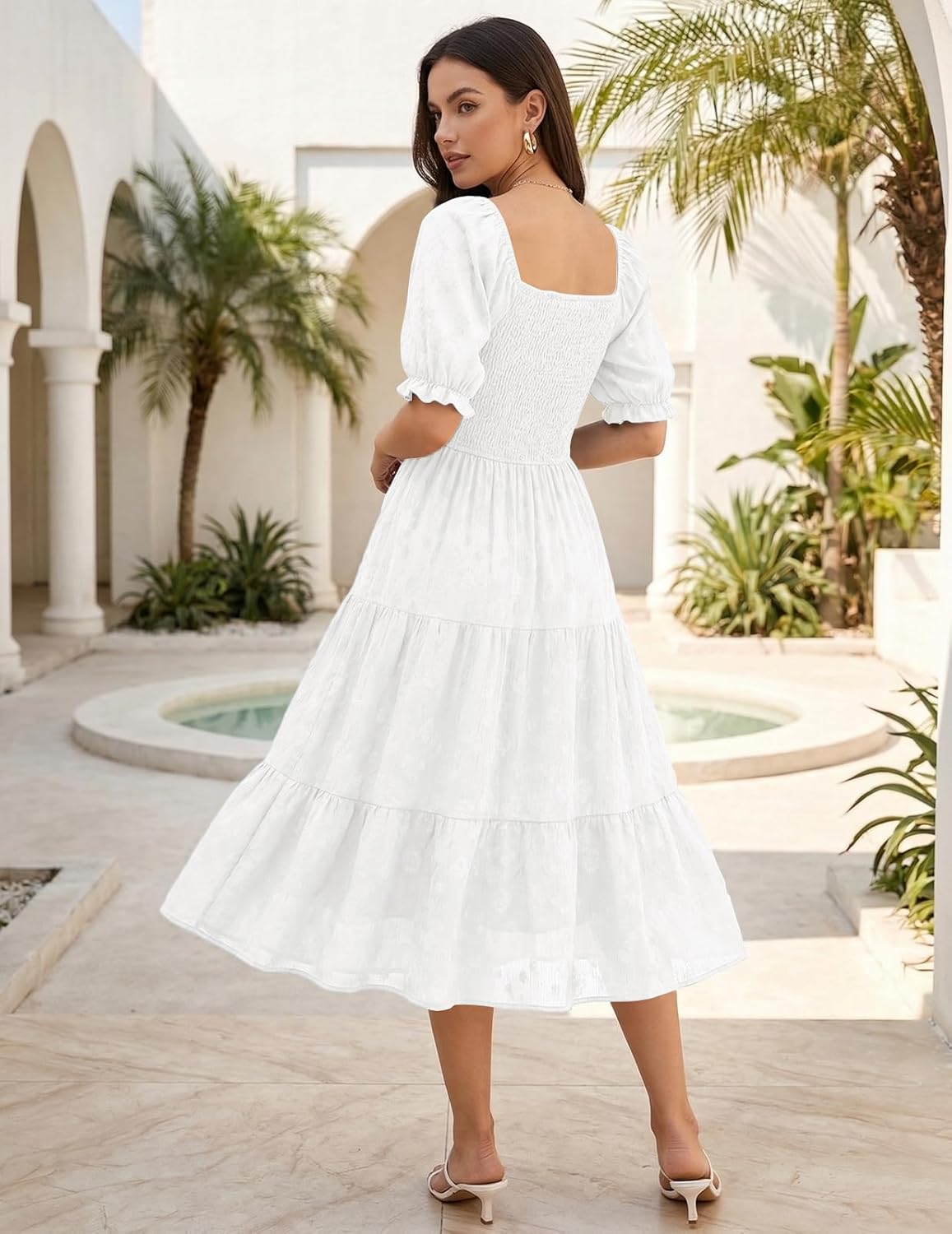 DRESSTELLS Women 2026 Summer Midi Casual Floral Wedding Guest Square Neck Smocked A Line Flowy Boho Dress with Pockets