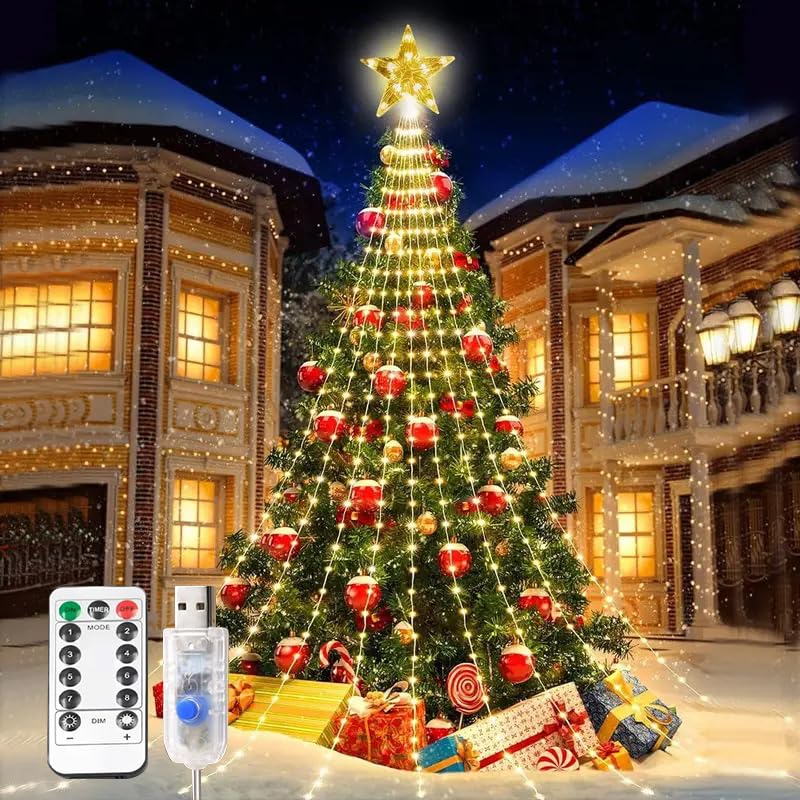 HNW Christmas Tree Lights with Remote, 9.84FT 300 LED USB Plug in Fairy Xmas Light for 8-10FT Tree,Timer Waterproof Dimmable 8 Modes Cascading Twinkle String Light for Indoor Outdoor Decor