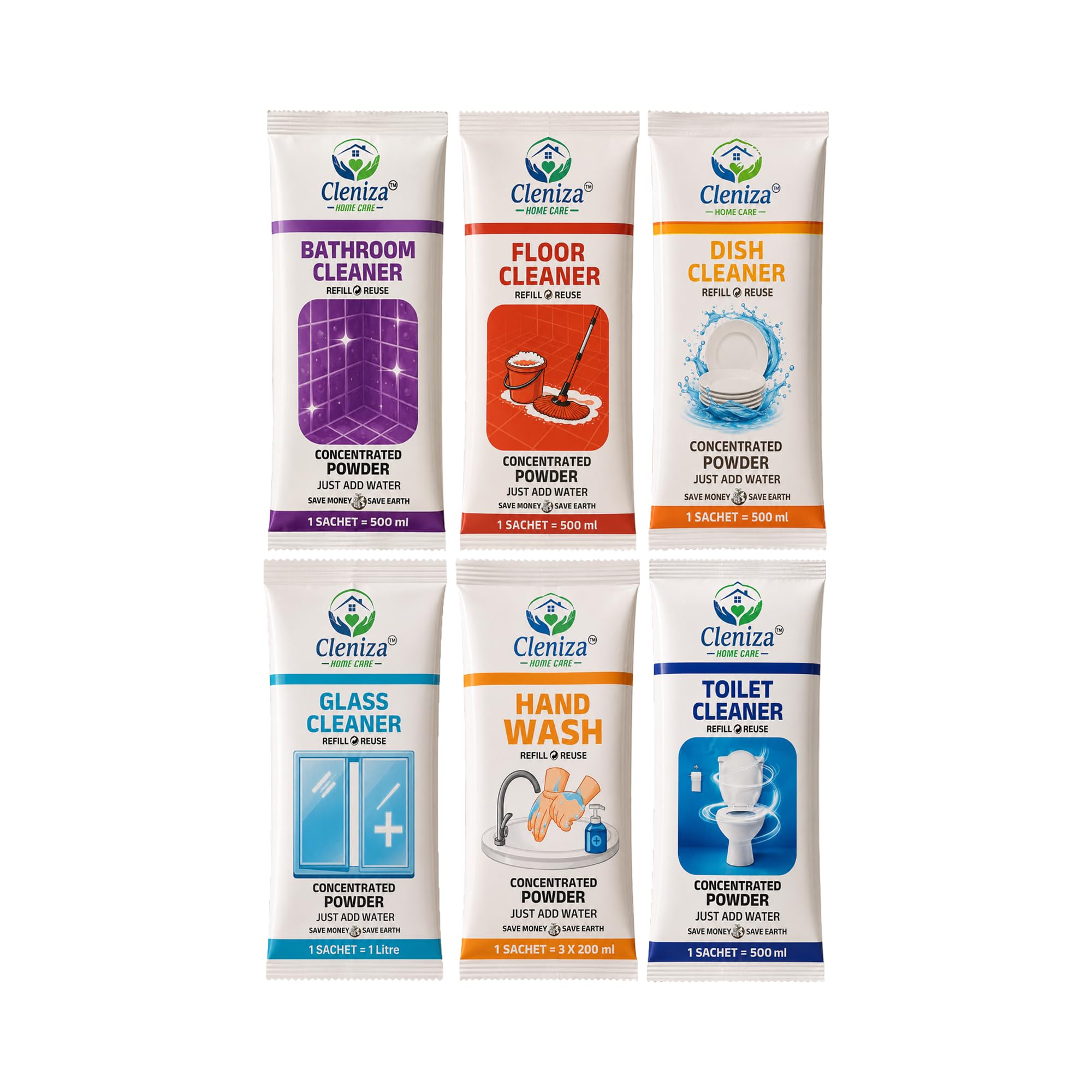 Cleniza Home Cleaning Refill Kit | Floor Cleaner, Dishwash Liquid, Liquid Handwash, Bathroom Cleaner, Toilet Cleaner & Glass Cleaner Powder Sachets | 12 Packs | Makes Up to 7 Litres-image-13