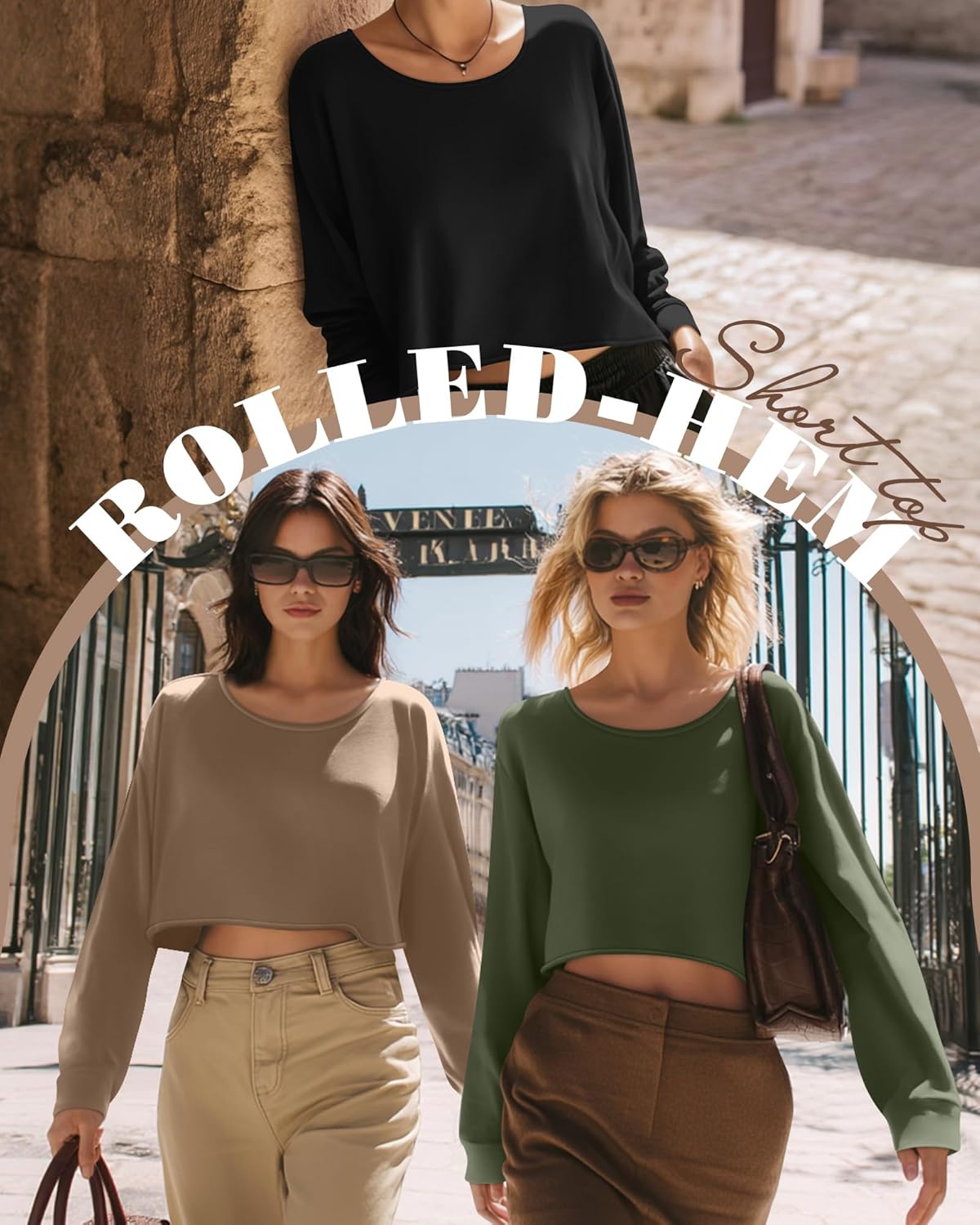 Neer 3 Pack Women's Cropped Long Sleeve Tops, Scoop Neck Loose Fit Sweatshirt Drop Shoulder Casual Basic Crop Tees - Image 3