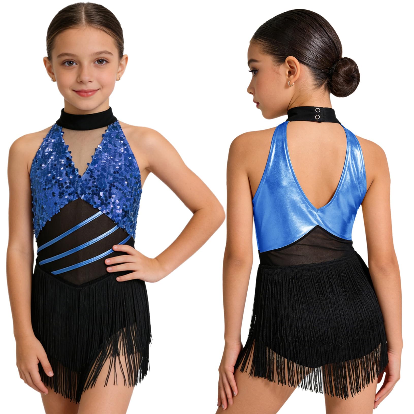 Freebily Vestidos Baile Salsa Samba Rumba con Flecos Niña Leotardo De Baile Latino Espalda Abierta Trajes De Bailarina Cha Cha — view 8