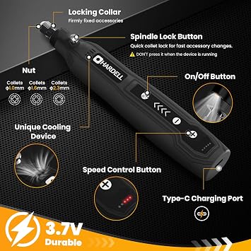 HARDELL Cordless Rotary Tool 3.7V Universal Chuck 5-Speed 71 Accessories | USB Charging Multi-Purpose DIY Craft Tool Sanding Polishing Drilling Engraving Black
