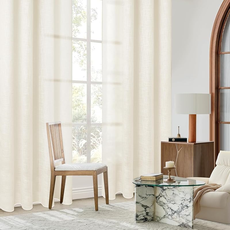 MRTREES Félátlátszó Voile Függöny Szett, Len Hatású Fényáteresztő Függöny Karikás, Krémfehér, 280×140 cm, 2 db, Nappaliba, Hálóba