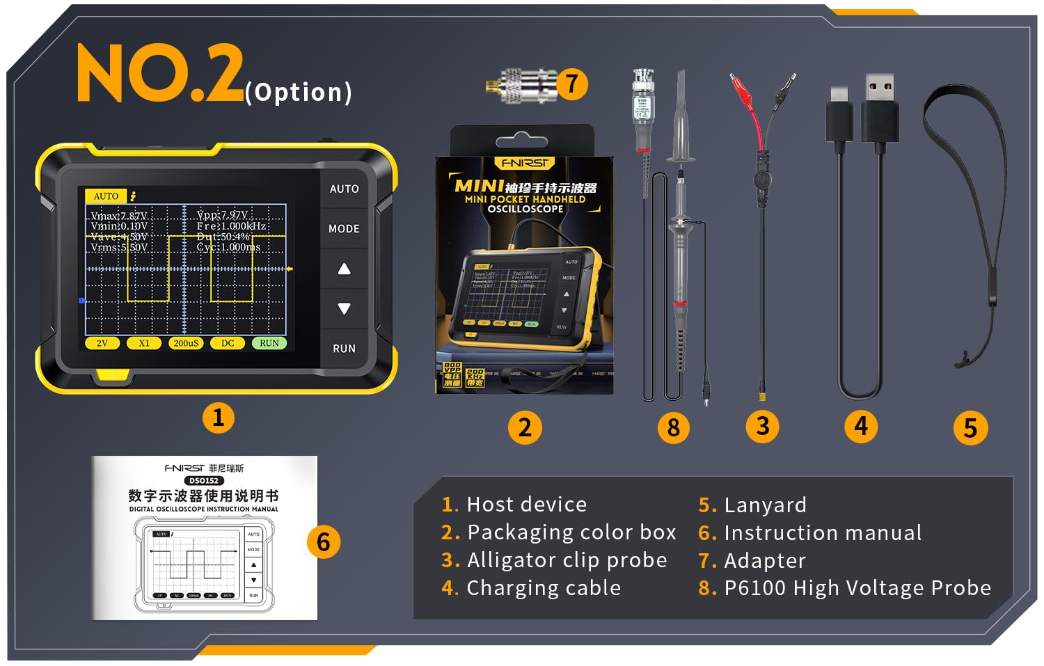 Oscilloscope FNIRSI DSO152 Mini Handheld Digital Oscilloscope 2023 Latest Version 2.5MSa/s 200KHz Analog Bandwidth 800 VPP with PWM Output(DSO152+P6100 HV probe)
