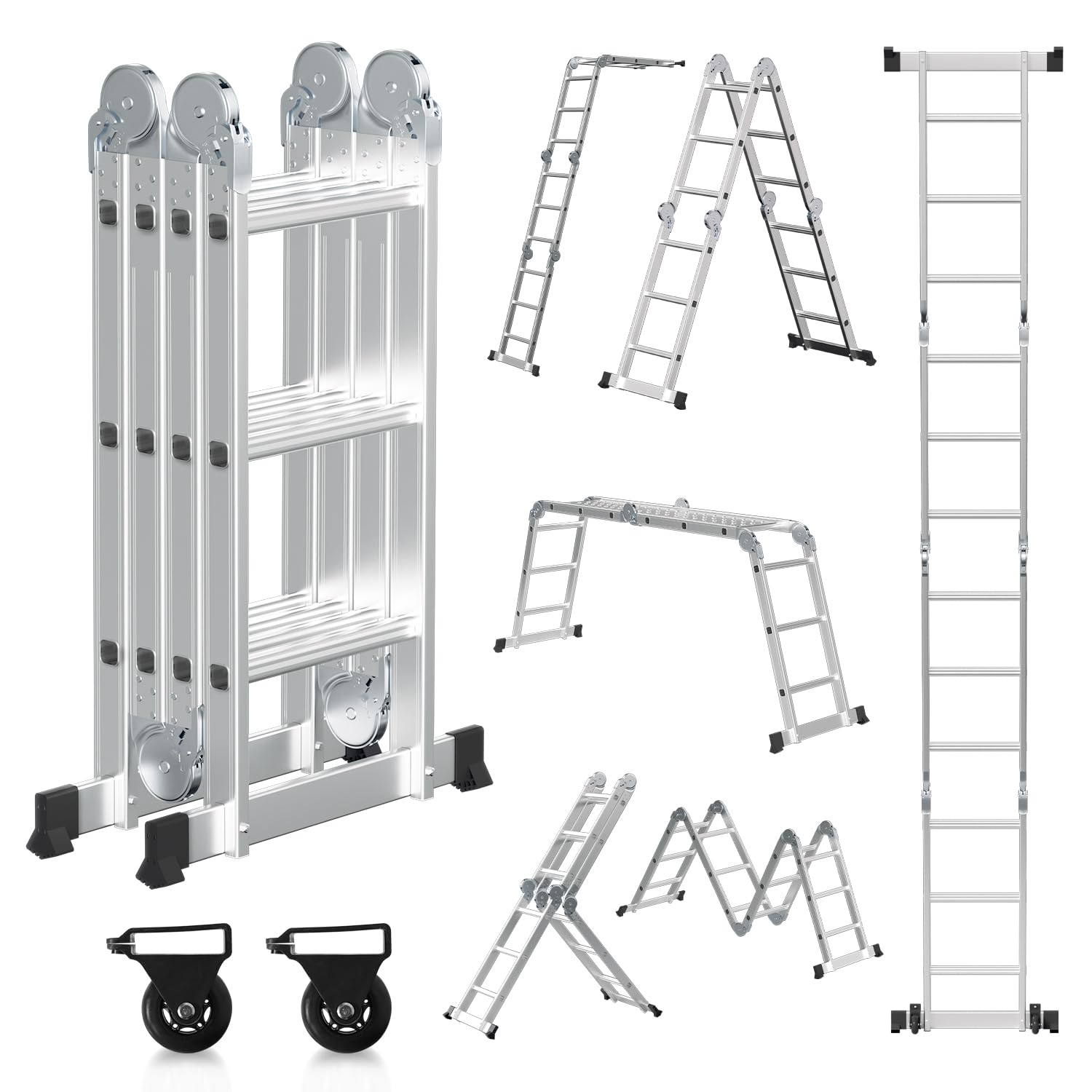 Scala multiuso pieghevole 3,6 m 4 x 3 m in alluminio, 7 in 1, multifunzione, per uso professionale, con 2 piastre ponteggio e 2 ruote, portata fino a 150 kg
