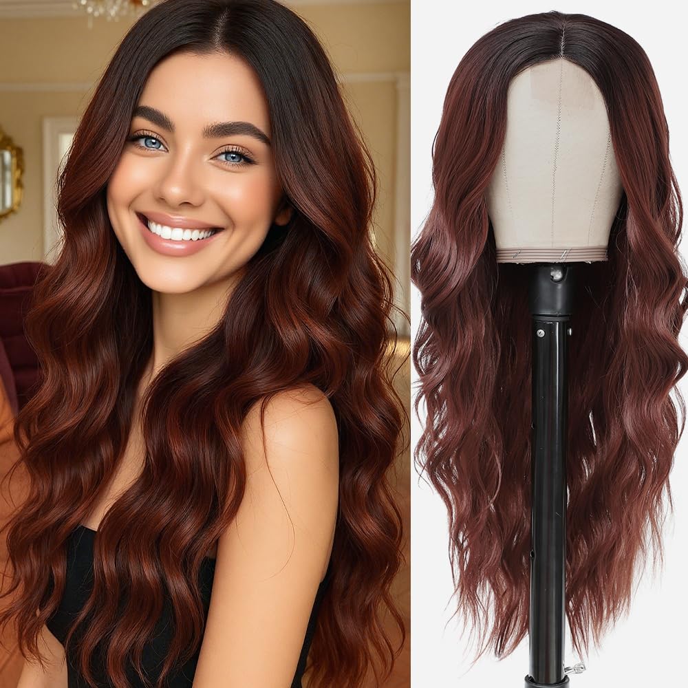 Long Ombre Auburn Wig for Women Natural Looking Wavy Curly Synthetic Ombre Auburn Hair Wig Tangle Free Heat Resistant Comfortable for Daily Wear