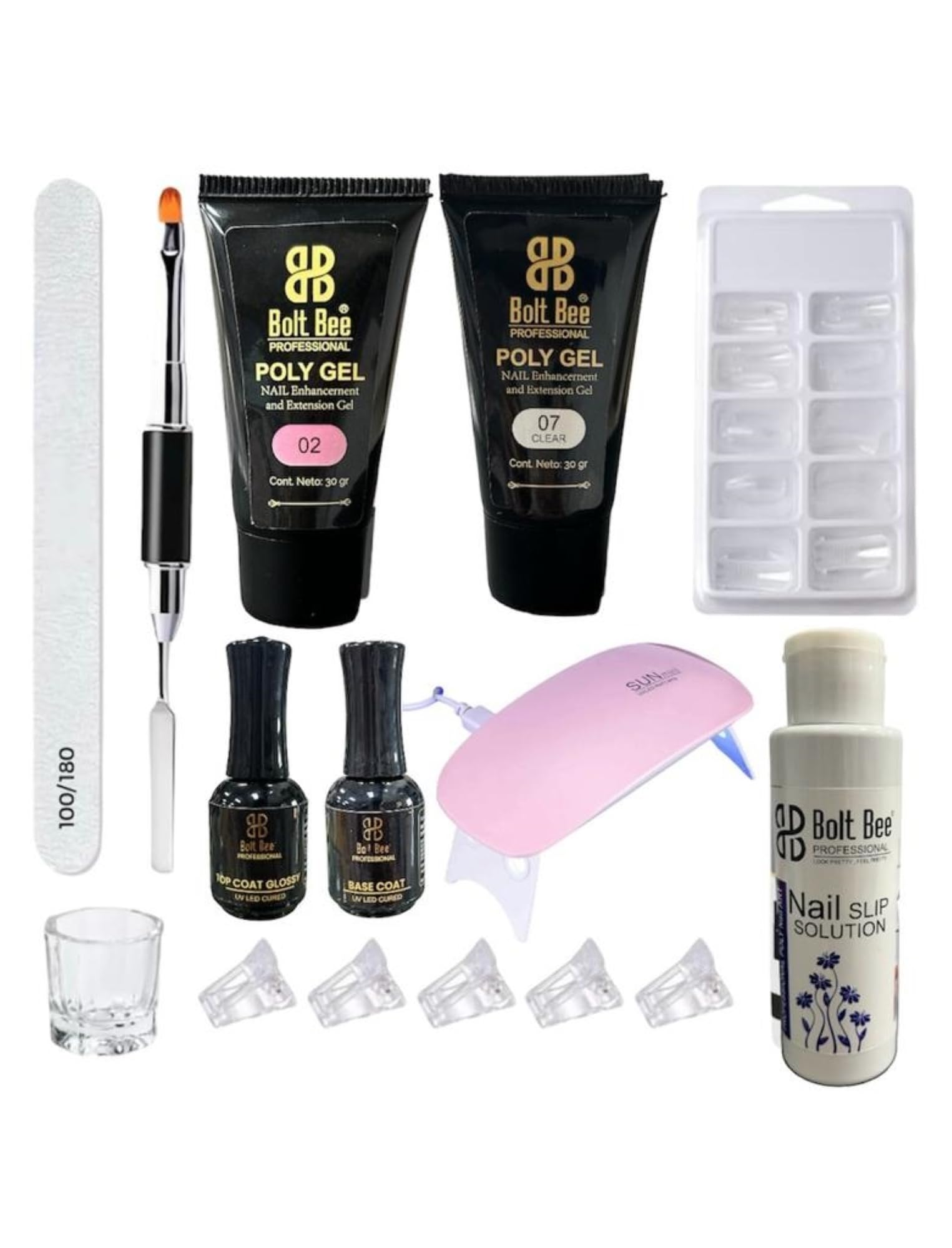Bolt bee Nail Extention Polygel Kit WITH UV LAMP- TWO POLYGEL TUBES 30 ML- SLIP SOLUTION-DAPIN DISH. 5 POLYCLIP TOP COAT BASE COAT. 100 POLYGEL MOULDS BUFFER POLYGEL TOOL WITH SPATULA-image-29