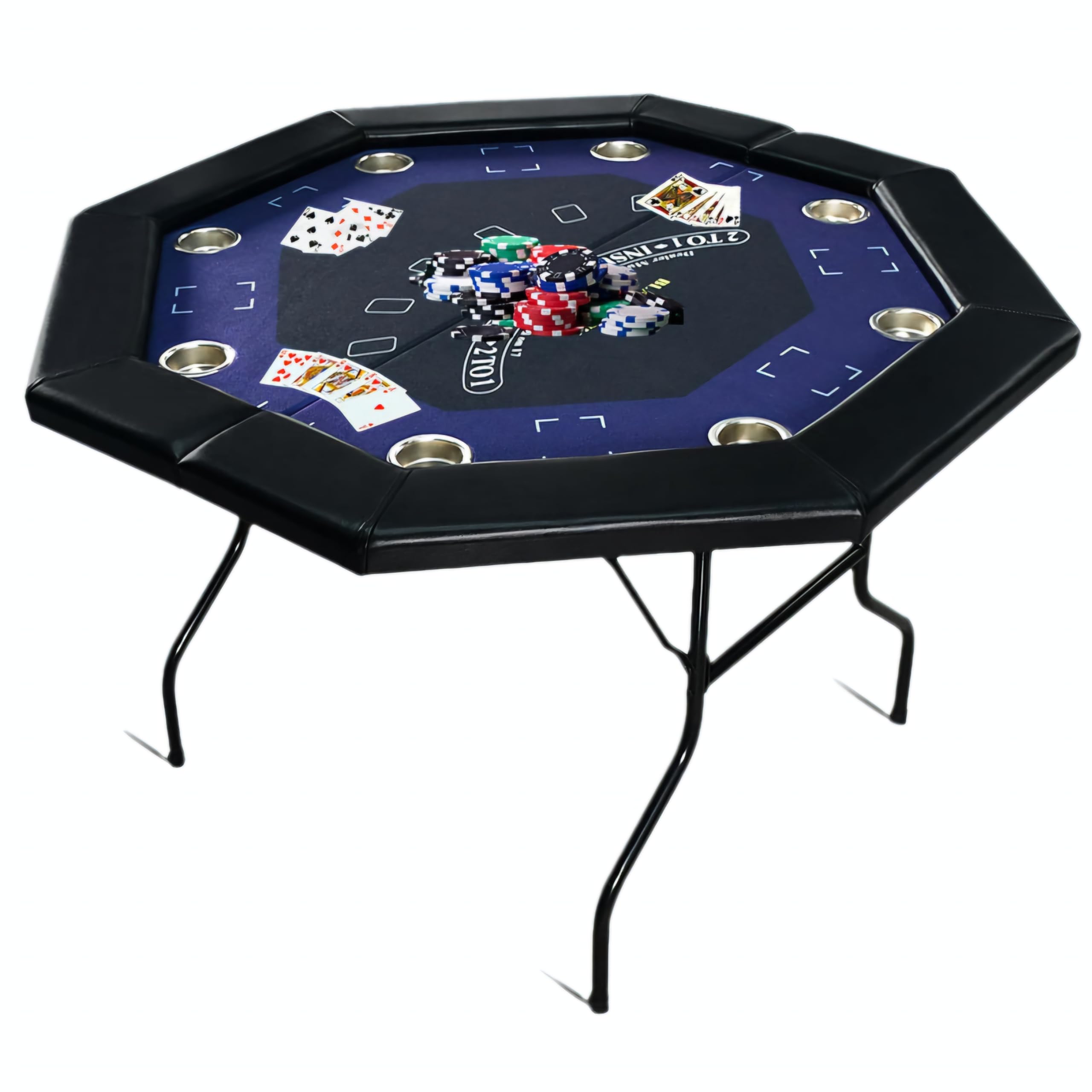 RUP 8 Player Poker Table for Home – Foldable Casino Table with Cushioned Armrest, Cup Holders, Metal Legs, Casino Felt Surface – Black & Blue – Texas Hold'em Playing Table (1, Octagonal)