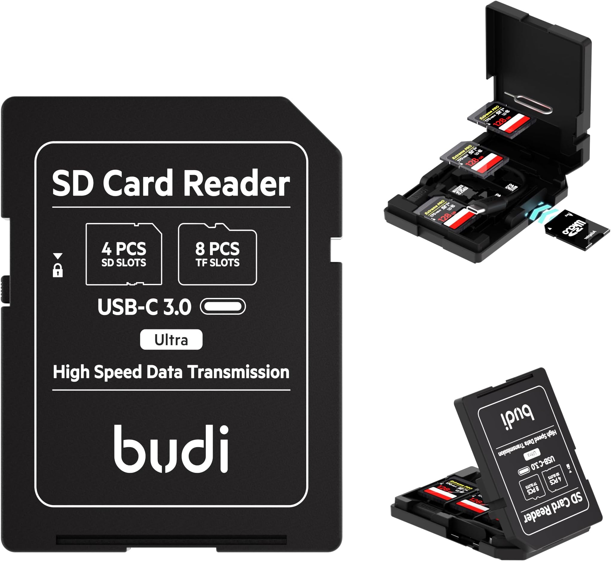BUDI Micro SD Memory Card Reader with 8 Slots TF-Styled Memory Card Storage Case Supports USB Type-C and USB Compatible with iPhone 16/15/14/13/12/11/Pro Max (SD Card Reader)