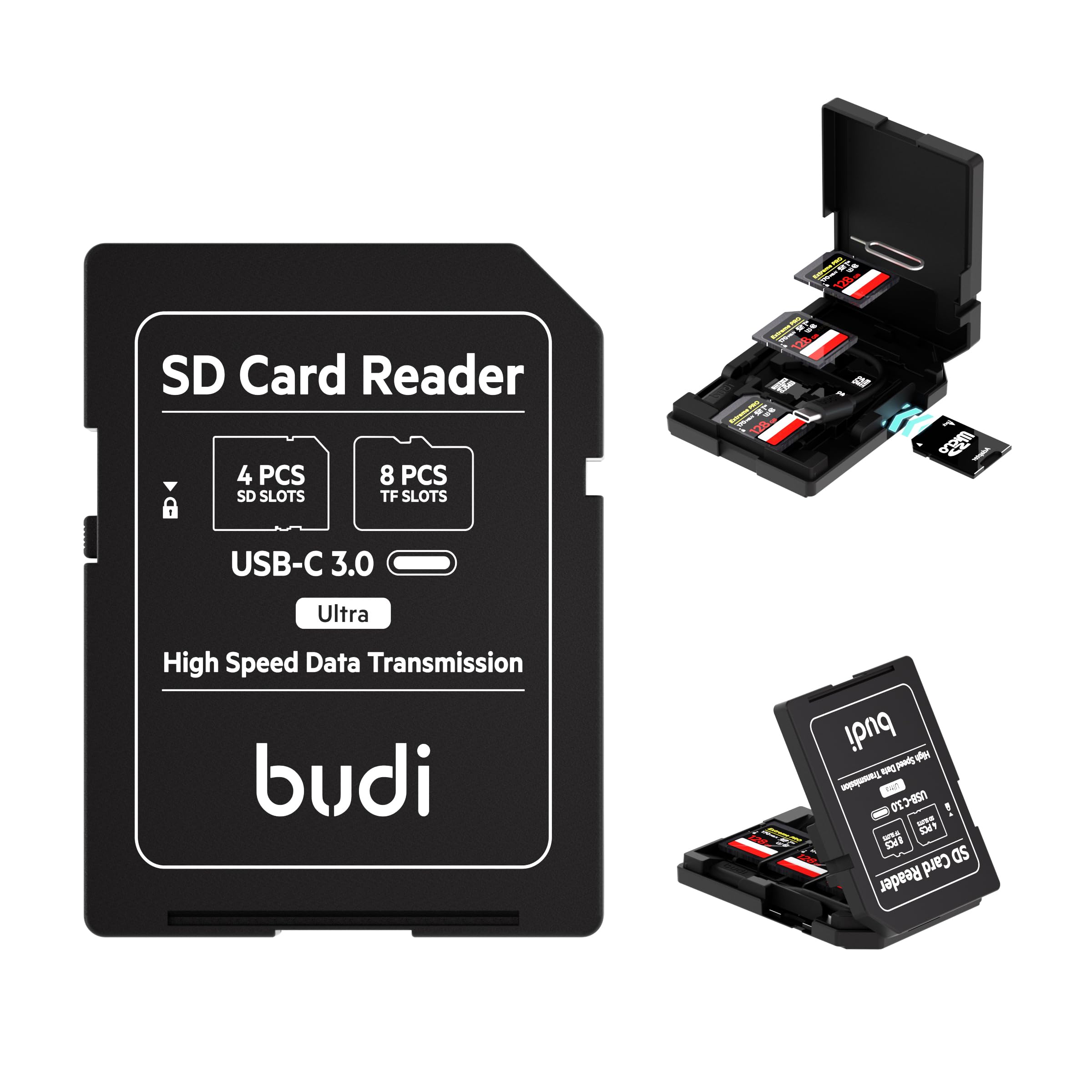 BUDI SD Memory Card Reader with 12 Slots SD-Styled Memory Card Storage Case Supports USB Type-C and USB Compatible with iPhone 16/15/14/13/12/11/Pro Max/Tablets/Android/Mac/Computer/Camera