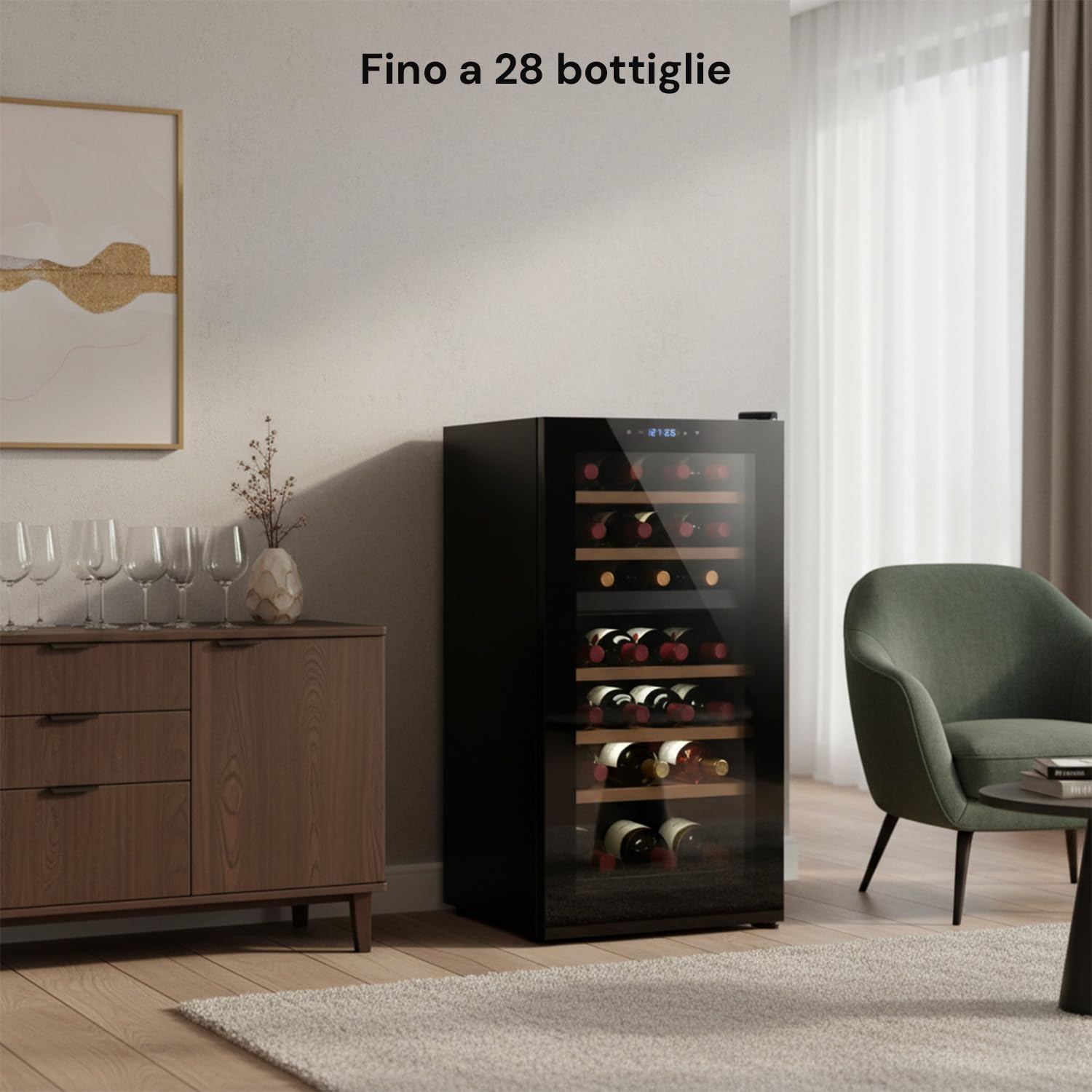 Wintem Vinoteca de vino refrigerada elegante – Doble temperatura personalizable, nevera termoeléctrica con pantalla LED táctil | Capacidad para 28 botellas de 82 l – Regalo de Navidad