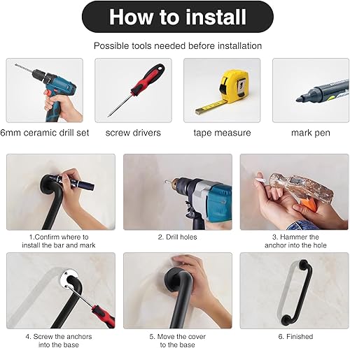 Miniatura 7 de Paquete de 4 barras de agarre para ducha, 12 pulgadas de acero inoxidable para montaje en pared, barra de seguridad para ancianos, barra de