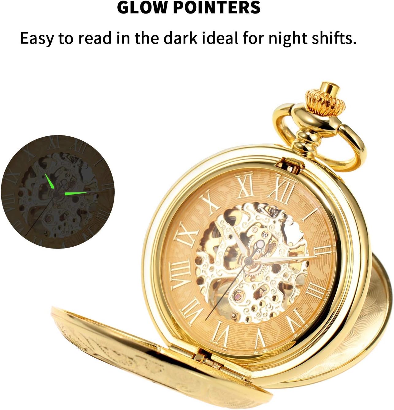 Pocket Watch Double Case Engraving Skeleton Dial Retro Mens Mechanical Watches Golden Movement with Chain + Gift Box