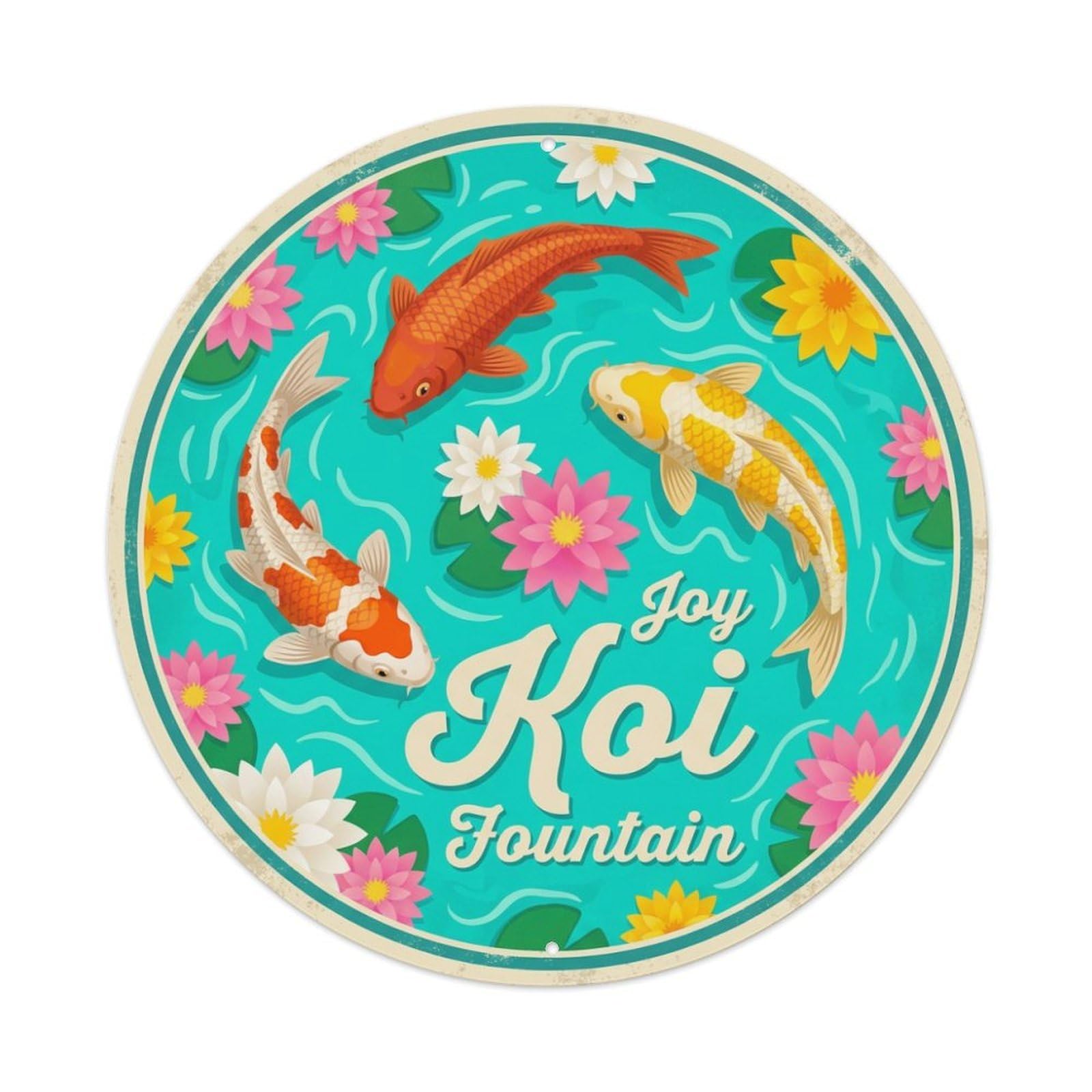 Metal Tin Sign Koi Fish Splash Fountain Bright Japan Retro