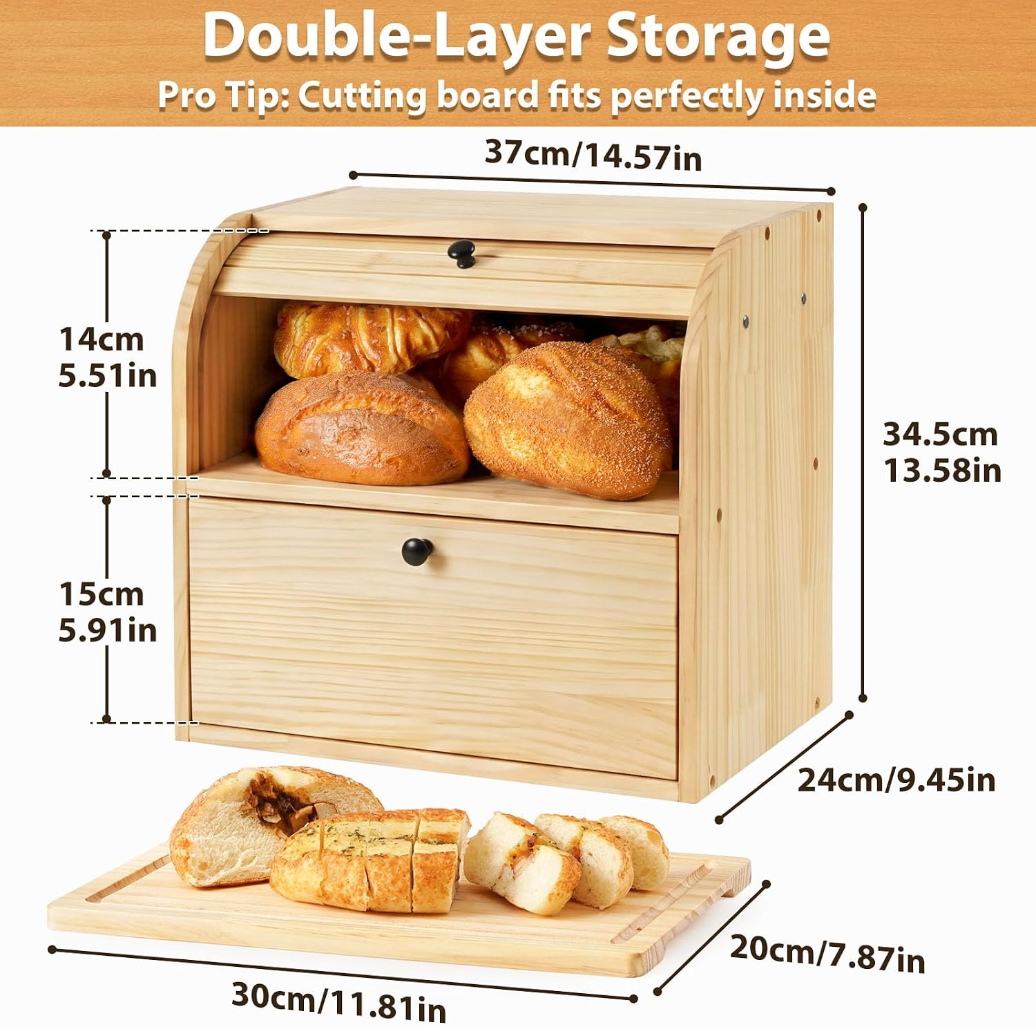 Sunhoo Wooden Bread Box for Kitchen Countertop, Roll Top Breadbox, Natural image 5