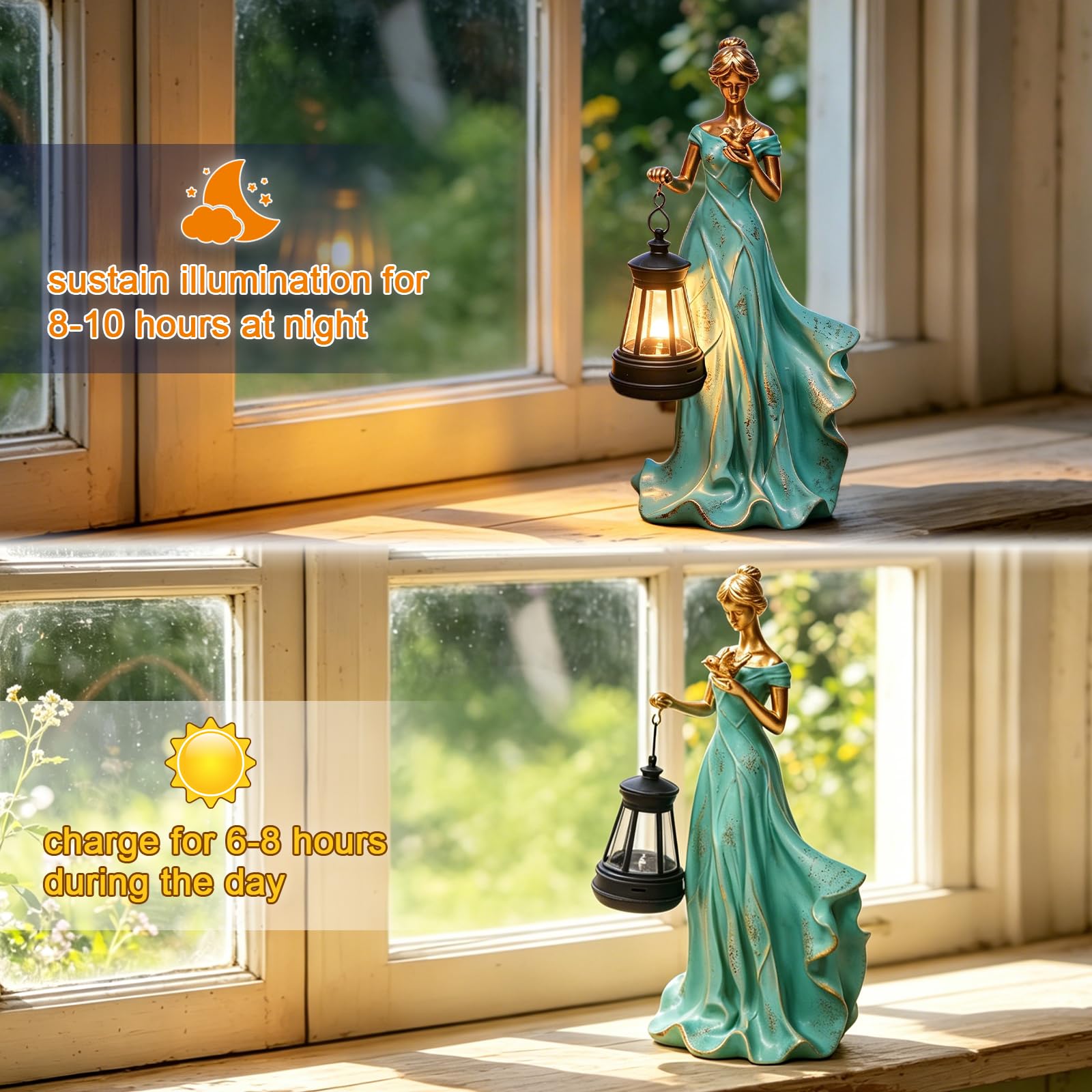 Statuette da giardino fatato per esterni, foglie e angelo, statue con lanterna solare e uccello, decorazione rustica per la casa esterna, patio, balcone, cortile, arte, prato, ornamenti per