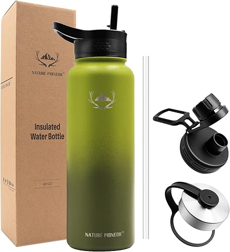NATURE PIONEOR Botellas de agua aisladas con pajilla, botella de agua deportiva aislada al vacío de 40 onzas con 3 tapas, botella de agua de acero
