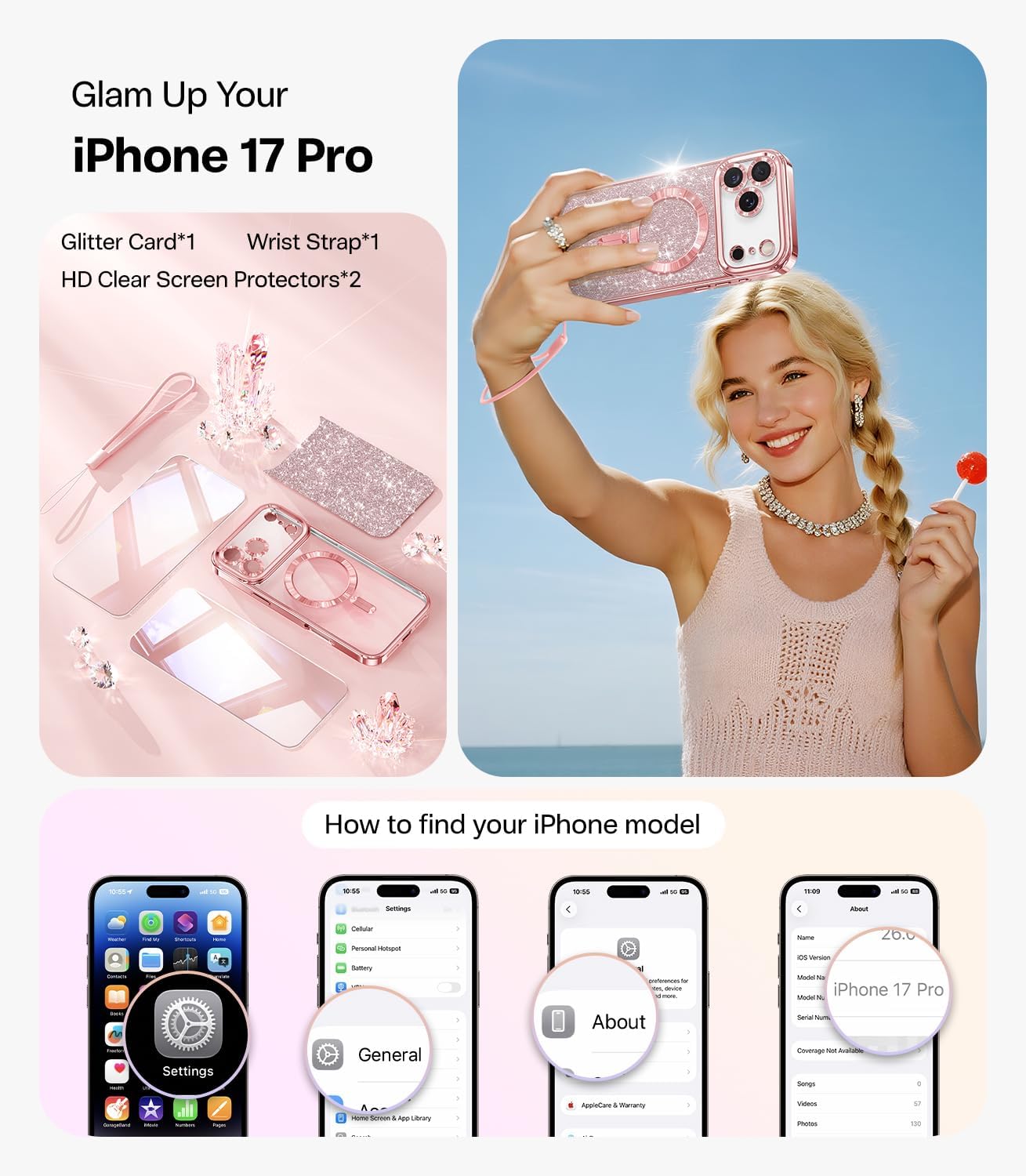 Meifigno Designed for iPhone 17 Pro Case 6.3", [Glitter Card & Wrist Strap][Compatible with MagSafe][2X HD Screen Protectors] Surround Raised Lens Protection for 17 Pro Phone Case for Women, Rose Gold - Image 2