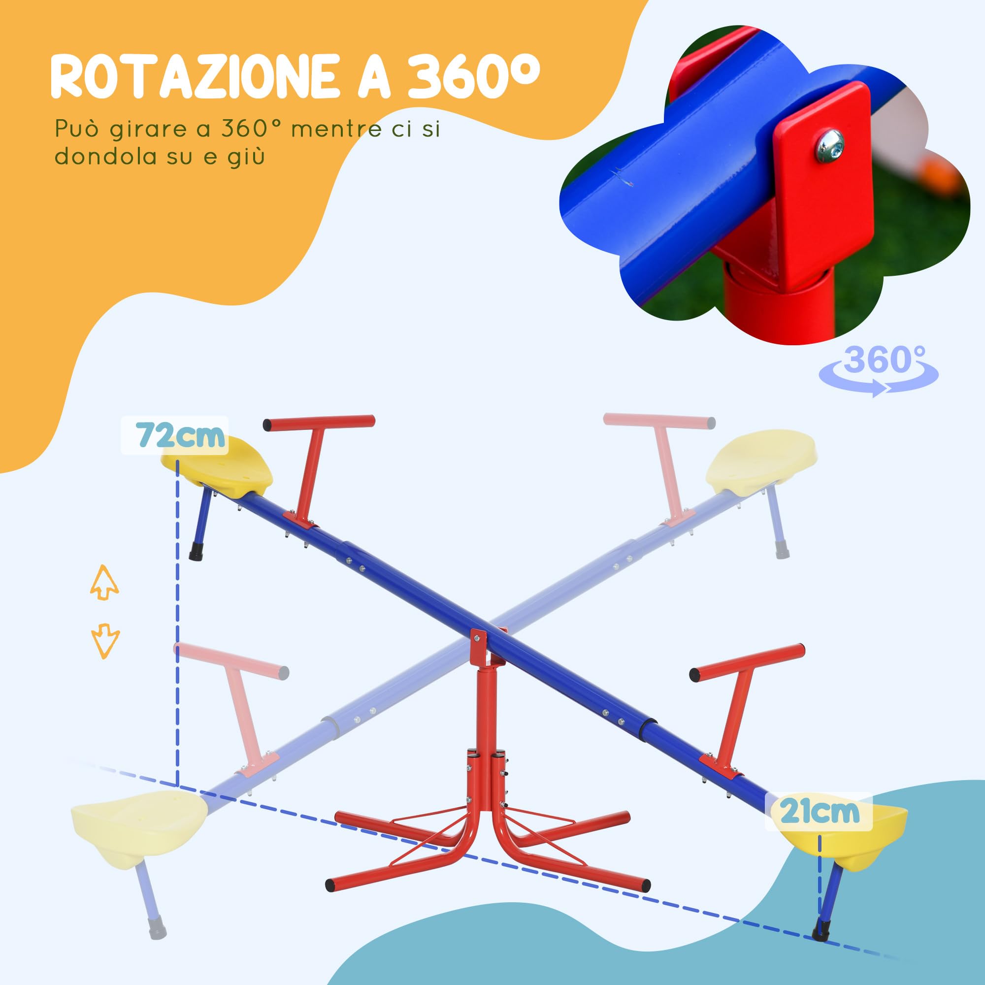 Outsunny Gioco per Bambini con Altalena a Bilico Girevole e Set Altalene da Giardino per 4 Bambini, Multicolore