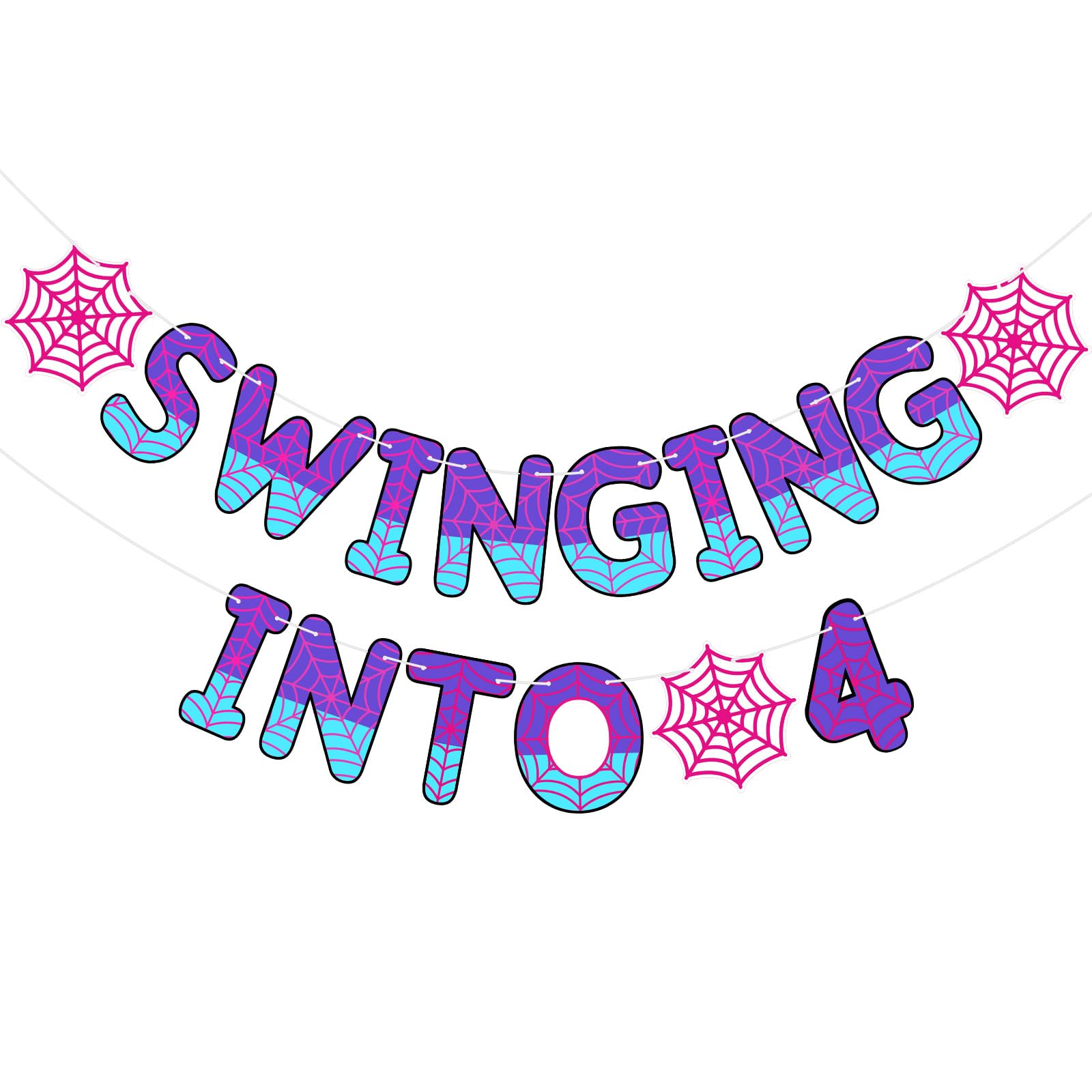 TaoBary Spider Theme 4th Birthday Banner Swinging into 4,Pink and Purple — image 1