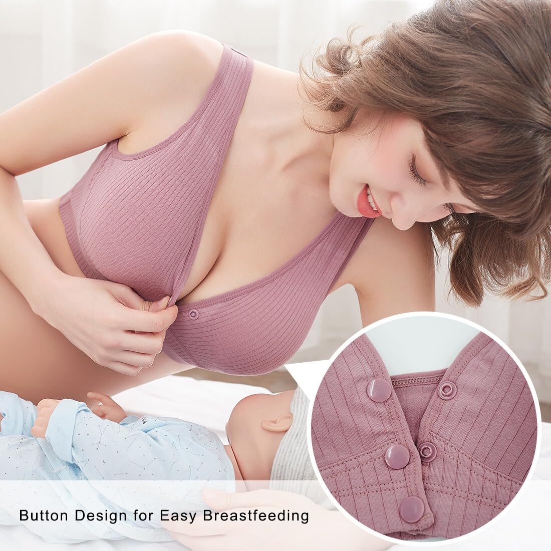 ATOX Nursing Bras for Breastfeeding Cotton Wireless Maternity Bra Seamless Support Front Snap Padded Bralettes Purple - Image 2 thumbnail