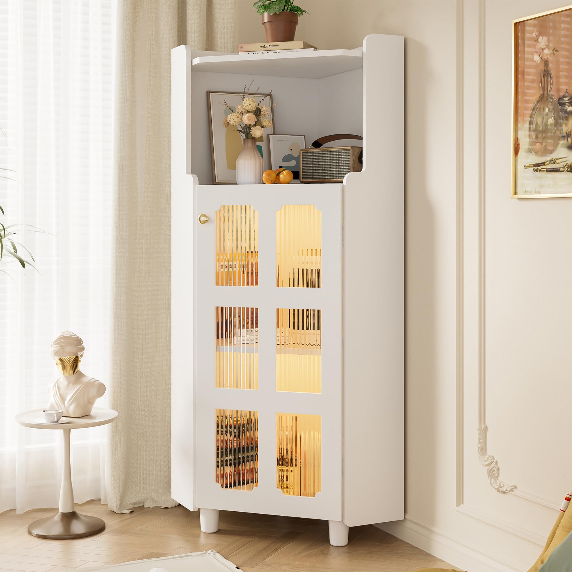 Armario esquinero de 63,5 x 124 cm, con superficie lacada e iluminación LED, moderna esquina con control de aplicación, para salón, estantería, cuarto de baño (blanco)