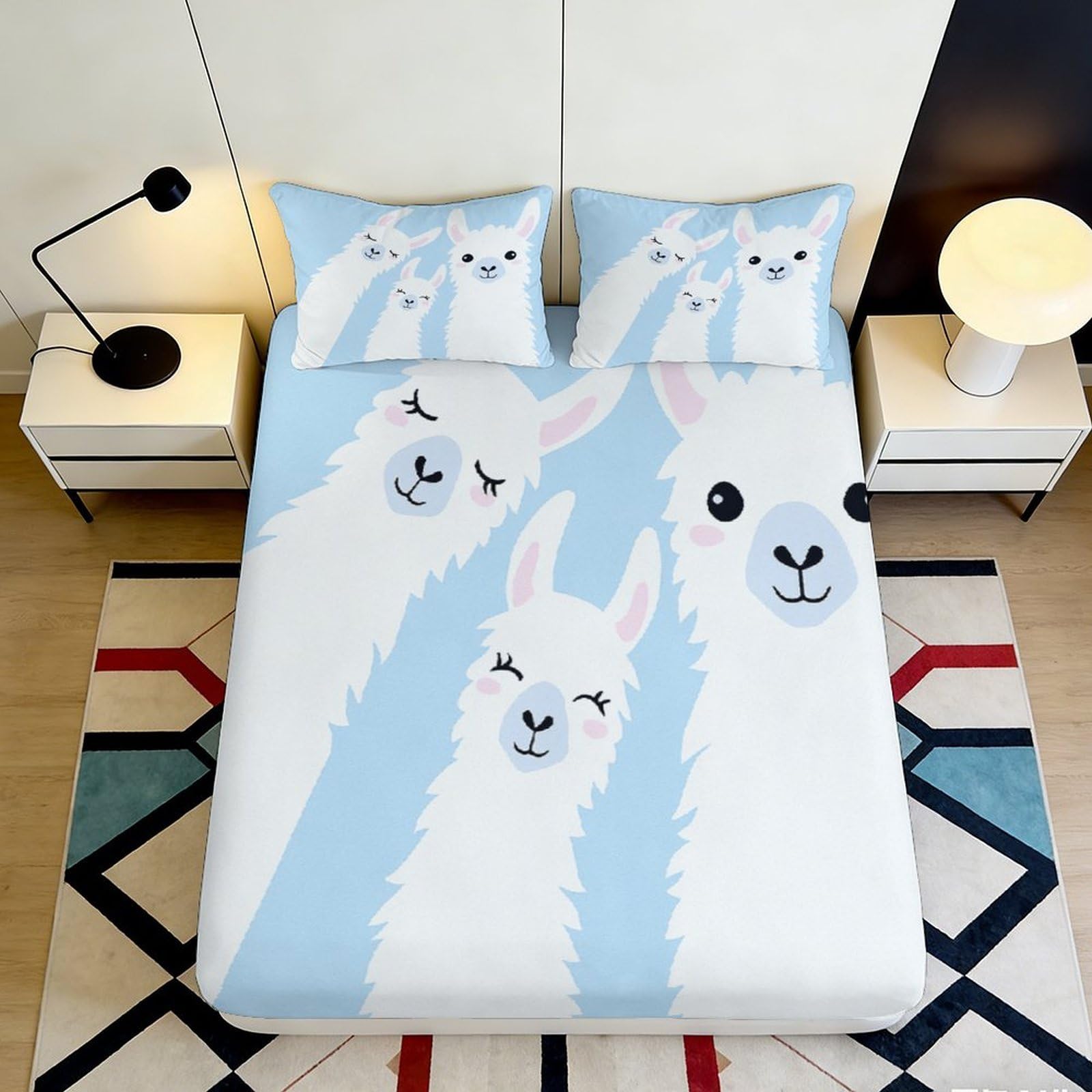 3D Printed Cartoon Llama Fitted Sheet Microfiber Soft Blue Animal Mattress Cover for Bedroom Dorm Protector Decor 200x200x25cm