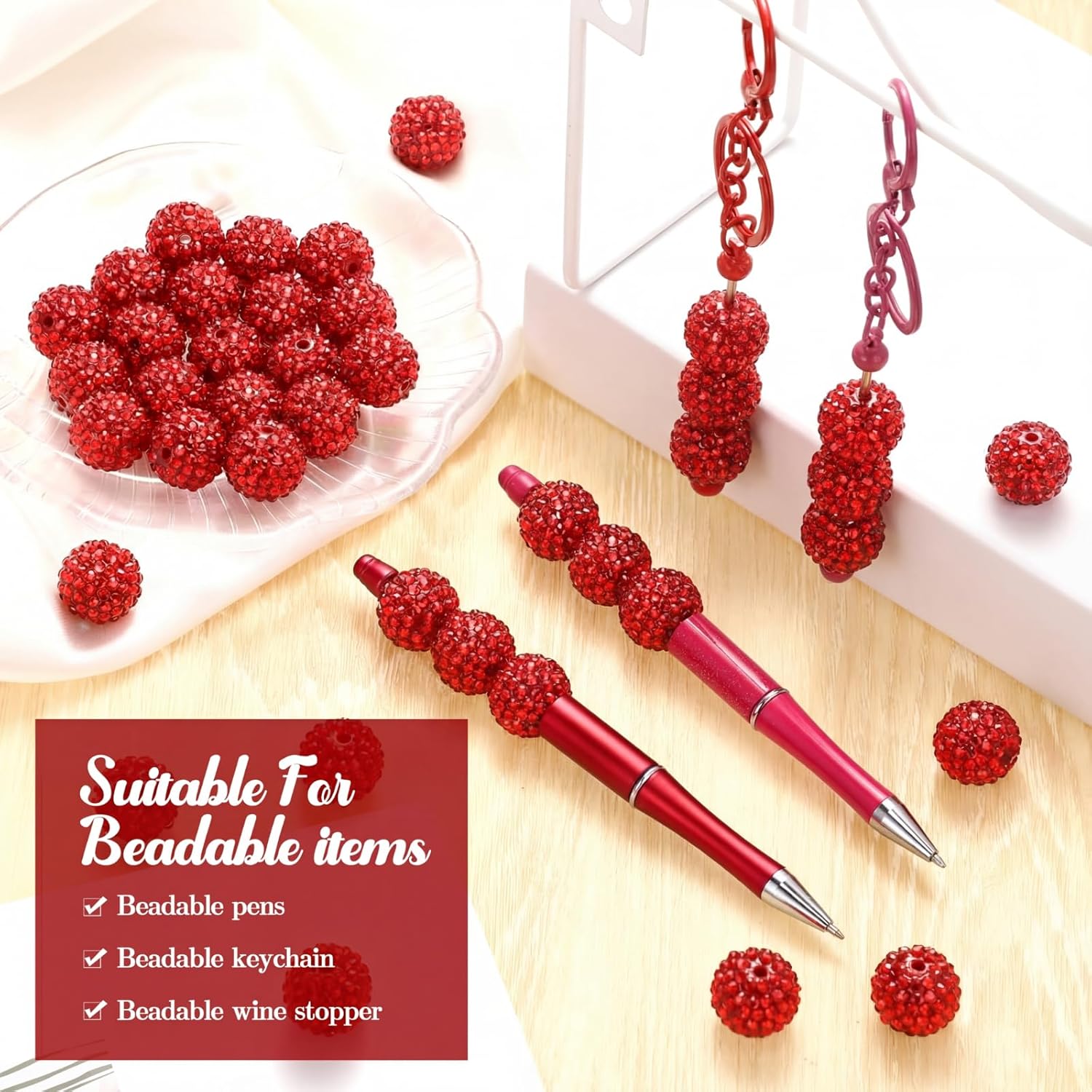 40 Pcs 20 mm Rhinestone Beads Bulk Crystal Round Disco Ball Chunky Bubblegum Beads for Pens Bracelets Charms Craft European Style Jewelry Making Supplies Christmas(Red) - Image 4