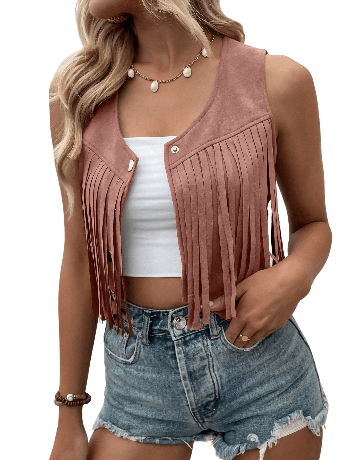 Women's Suede Fringe Trim Sleeveless Crop Vest Jacket Button Front Coat-image-0