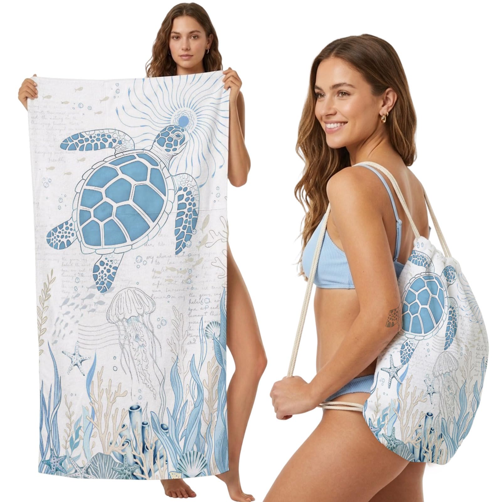 FWJZDSP Beach Towel Backpack, Blue Sea Turtles Stars Corals 2-in-1 Foldable Soft Microfiber Quick Dry Beach Towel 31.5x63in Vintage Marine Life Lightweight Pool Towels Bag for Travel, Yoga, Gym