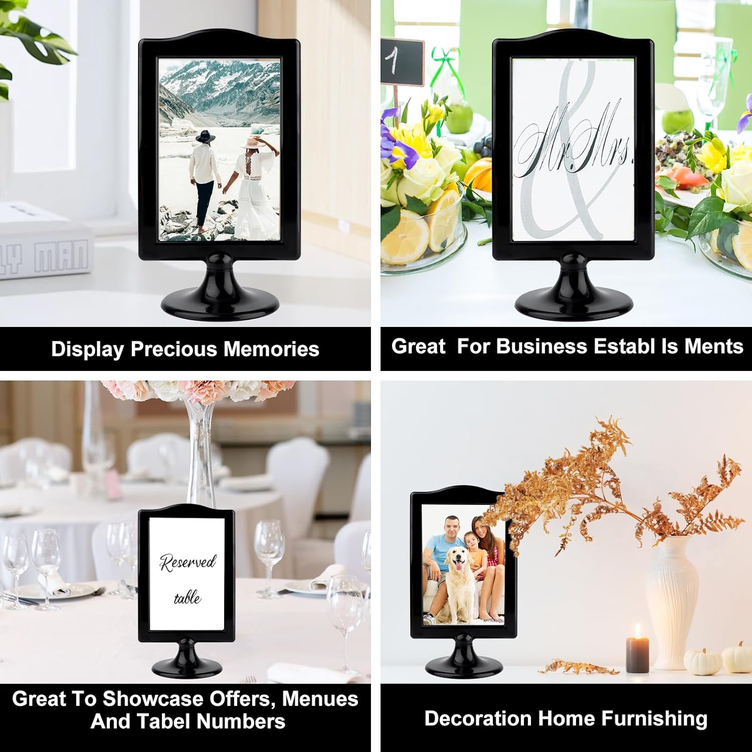 10Pcs Double Sided Standing Picture Frame 4x6 Pedestal Photo Frame with Inserts and Base Black Picture Frame Bulk Plastic Vertical Photo Frames for Table Numbers Menu Display Wedding