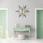 Lafocuse 23 Inch Silent Metal Mid Century Modern Wall Clock for Living Room, Colorful Leaf Sunburst Blue Large Wall Clock for Home Decor, Horloge Murale Decorative Dinning Room Bedroom Office Kitchen