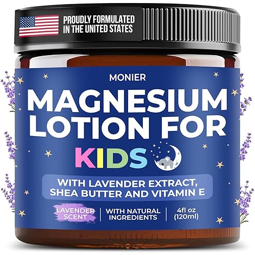 Loción de magnesio para niños, crema relajante de magnesio con lavanda, manteca de karité, aloe vera, ingredientes 100% naturales (4 onzas, sin
