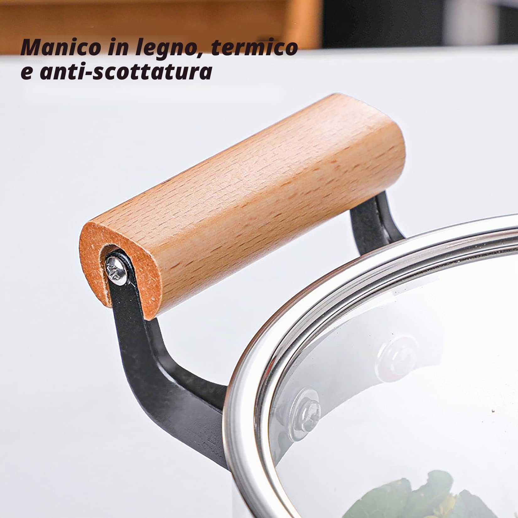 Pentole di Vetro Riscaldabile per Cucinare con Manico in Legno, Pentola in Vetro Trasparente per Ristorante di Cucina Domestica,3.5l