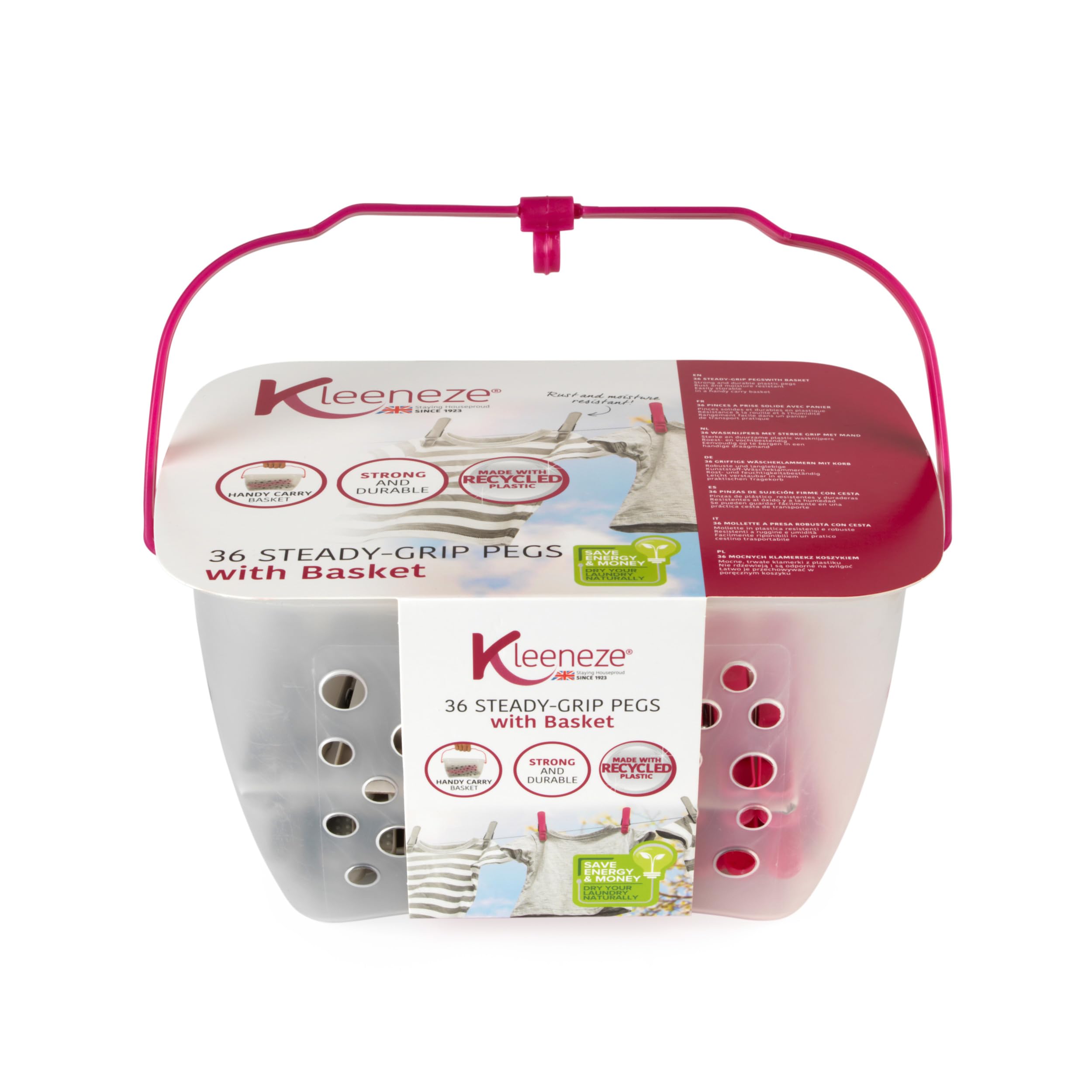 Kleeneze KL070468RPFFS Steady-Grip Pegs with Basket – 36 Durable Clothespins and Storage Basket, Rust and Moisture Resistant, Made with Recycled Plastic, Portable Carry Handle, Naturally Dry Laundry