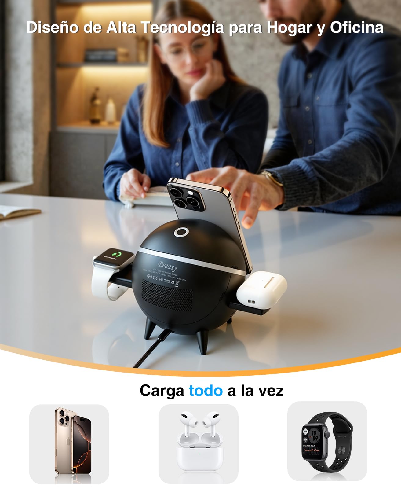 Beeasy Magnética Cargador Inalámbrico 4 en 1, Estación de Carga Inalámbrica Carga Rápida QI2 15W, Diseño Esférico con Luz Nocturna Ajustable, Compatible con iPhone, Apple Watch, AirPods y Samsung