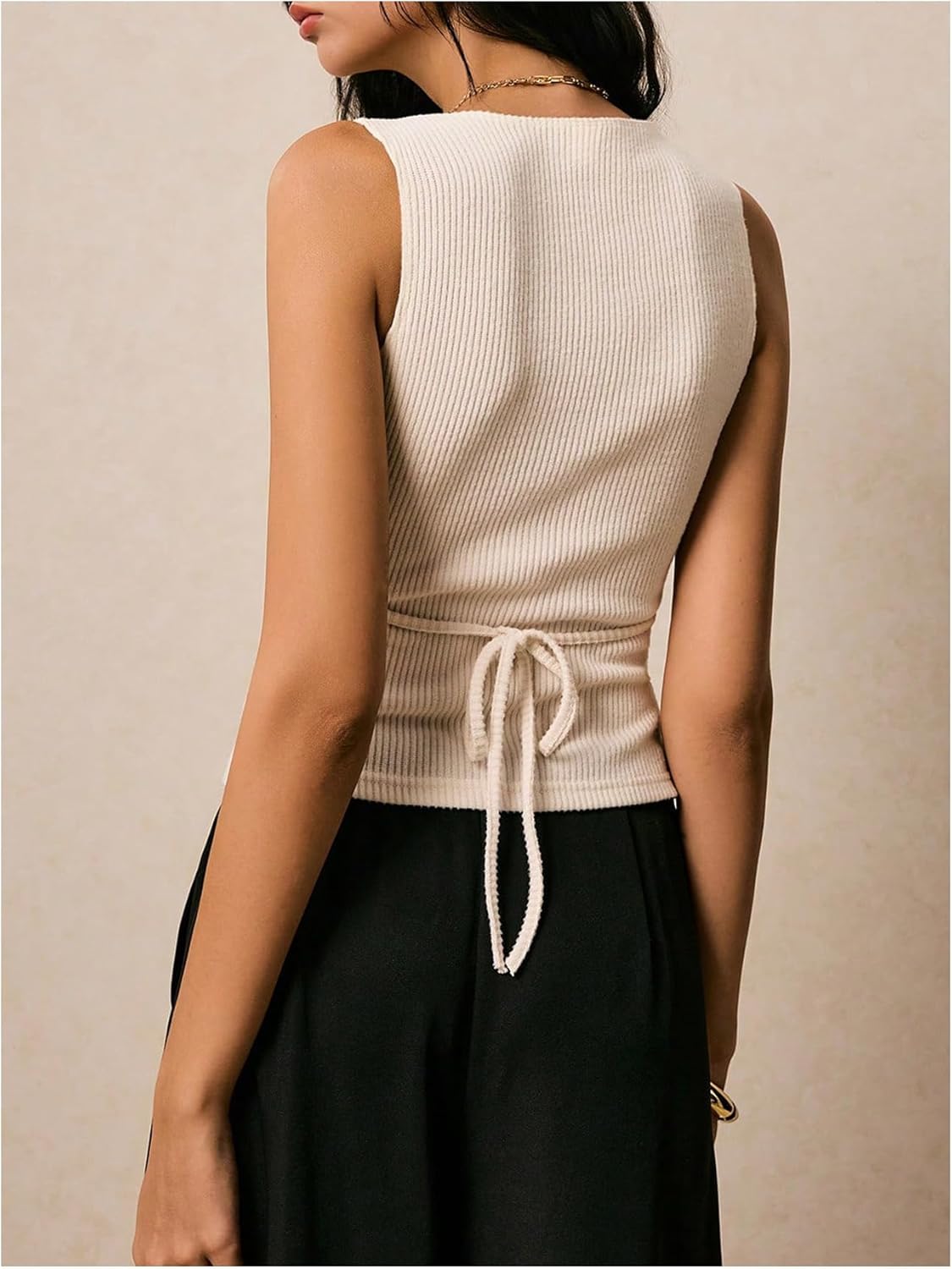 SHENHE Women's Ribbed Sleeveless Sweater Vest Gold Metal V Neck Dressy Going Out Knit Top - Image 3