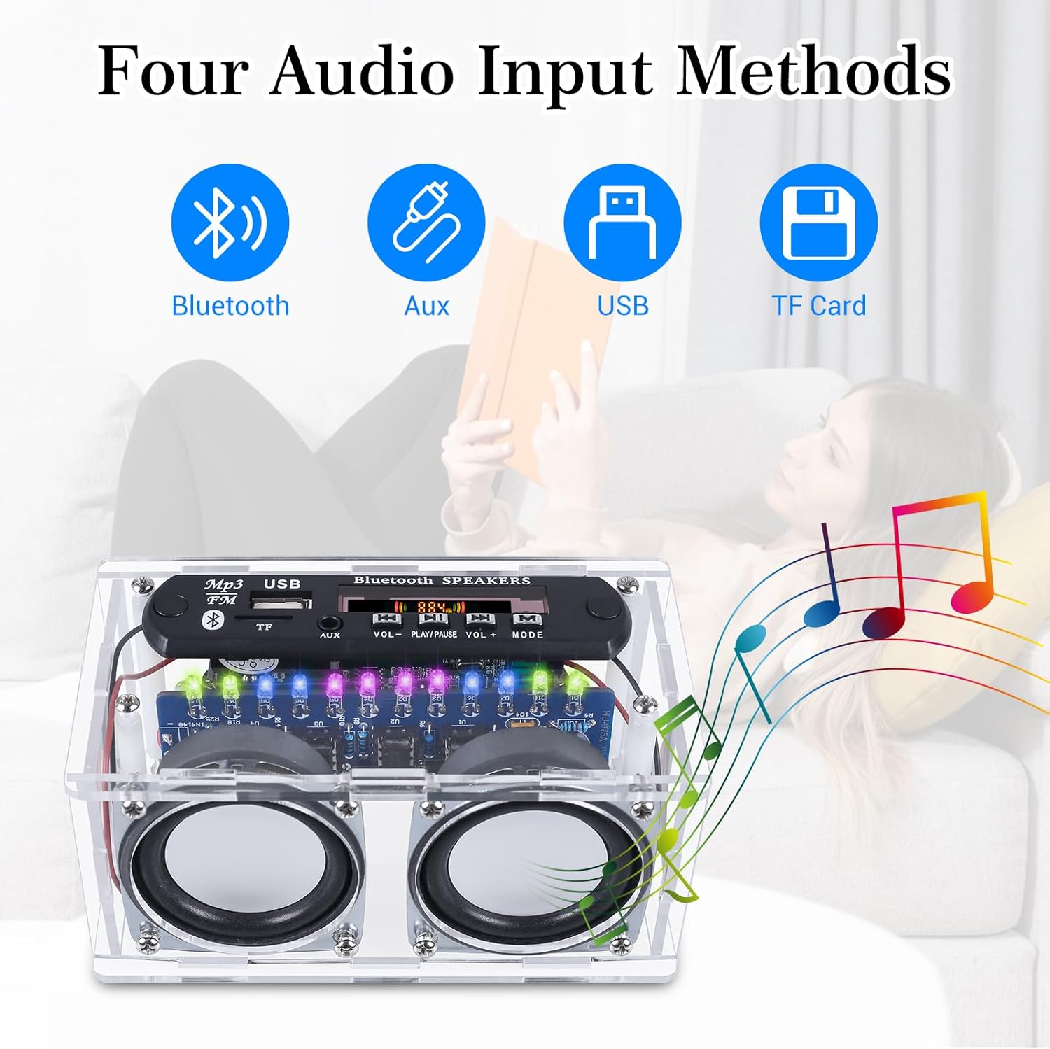 DIY Bluetooth-Compatible Speaker Kit,Recording Function FM Radio Soldering Practice Kit with LED Spectrum,TF/AUX/Bluetooth/USB Support,Remote Control Soldering Project for Indoor/Outdoor Use