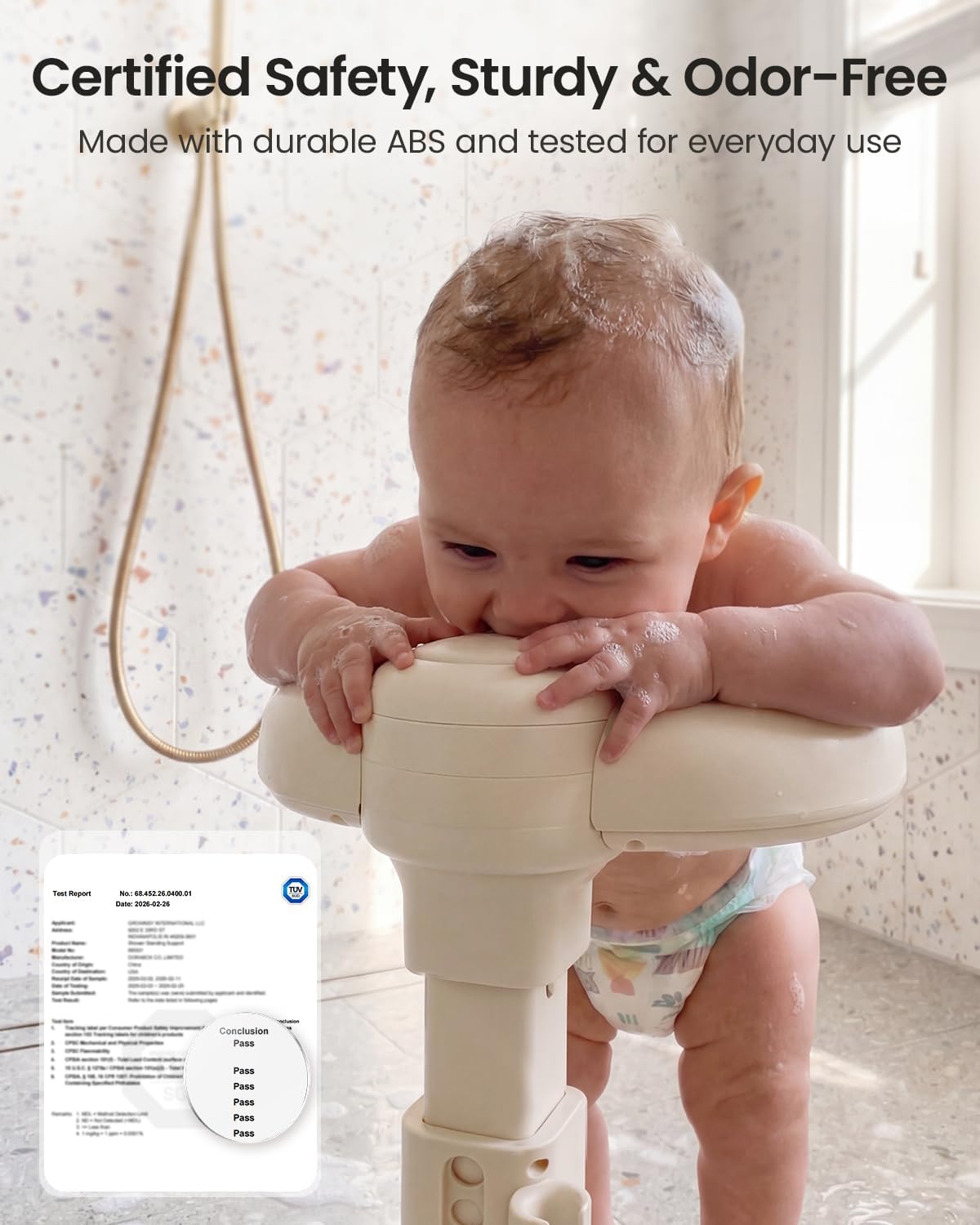 GROWNSY Baby Bath Stand for Babies 6 Months & Up, Foldable Baby Shower Stand for Infants and Toddlers, Adjustable Baby Shower Standing Support With Shower Holder