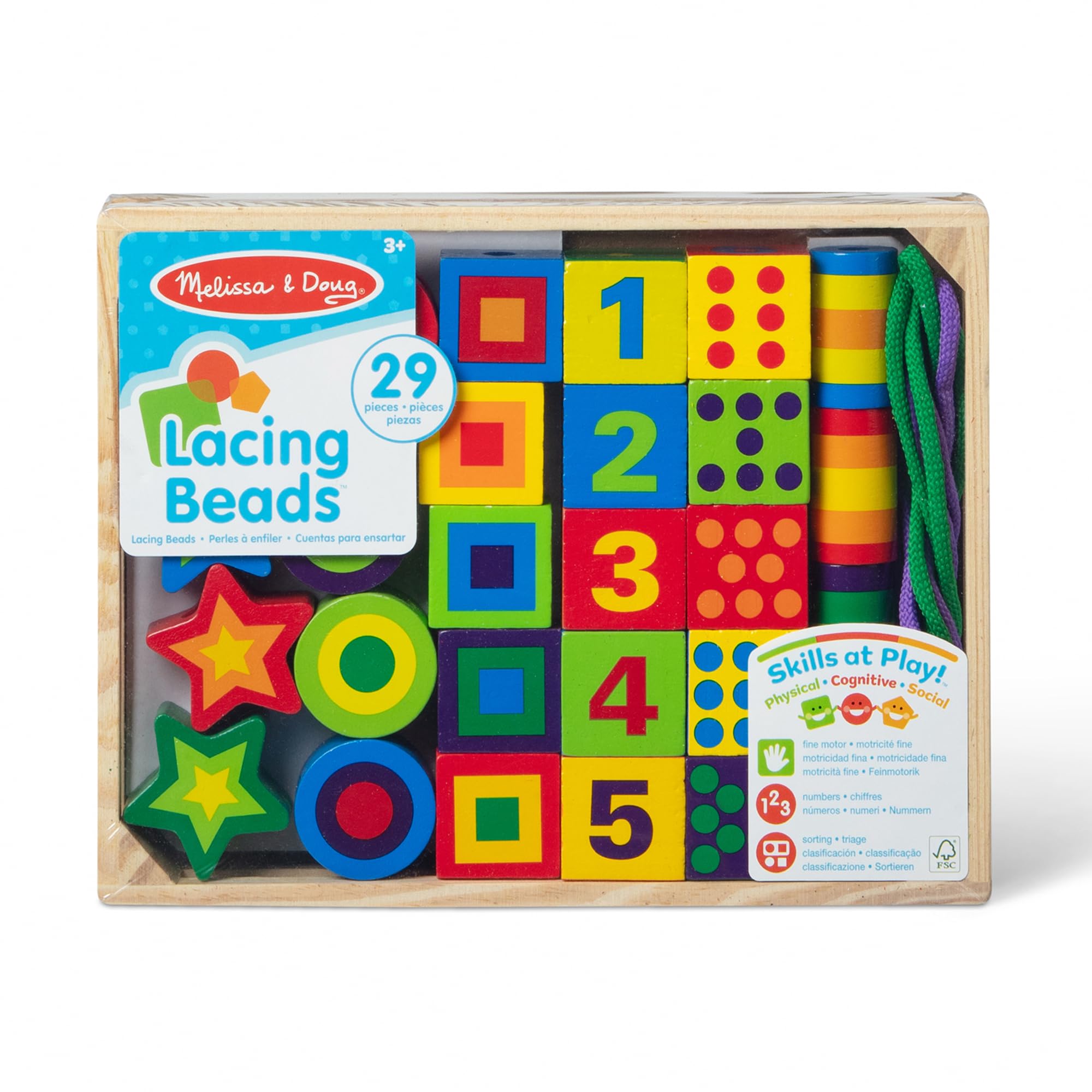 Melissa & Doug deluxe wooden lacing beads with laces and storage tray