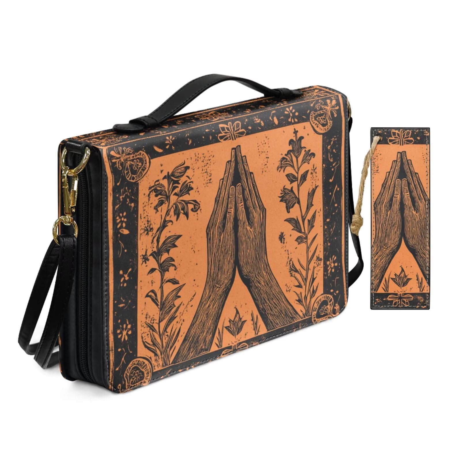 Allcute Women Pu Leather Bible Cover Bag with Shoulder Strap Vintage Engraving Art Praying Hands Bible Case for Women with Bookmark Church Religious Book Covers with Handle Pockets Black