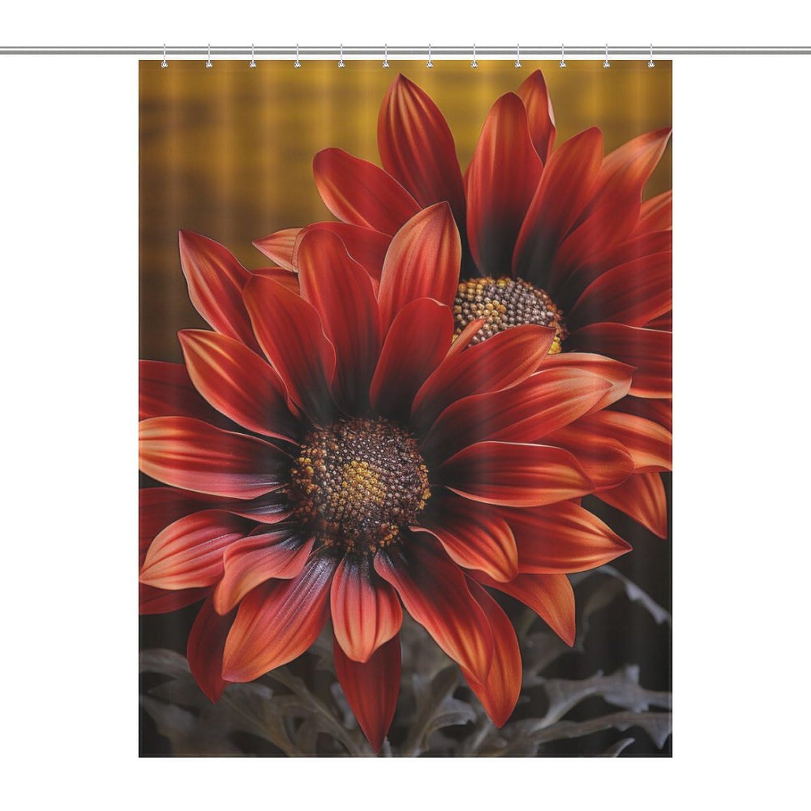 Rideau de douche tournesol rouge rustique en tissu lavable pour salle de bain moderne 140x183cm