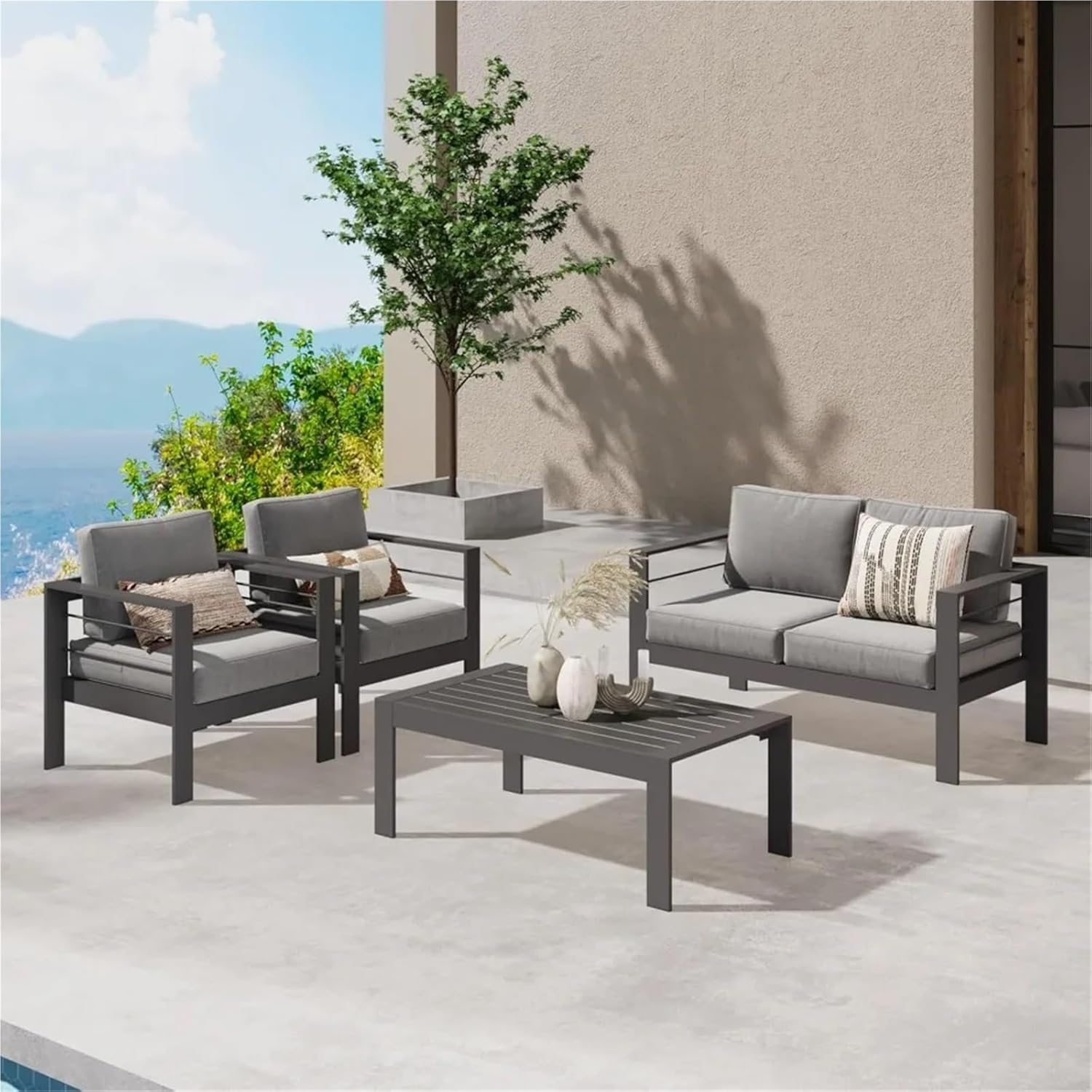 4 Piece Patio Furniture Set Aluminum Outdoor Sectional Sofa All Weather Patio Conversation Sets with Coffee Table
