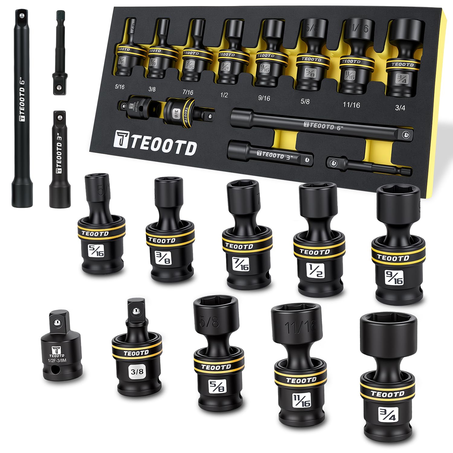 13 PCS 3/8-Inch Drive Swivel Socket Set, SAE Universal Impact Socket Set, 6-Point, 5/16"-3/4", CR-MO Flexible Wobble Sockets,with 3" 6" Extension Bars and Adapter