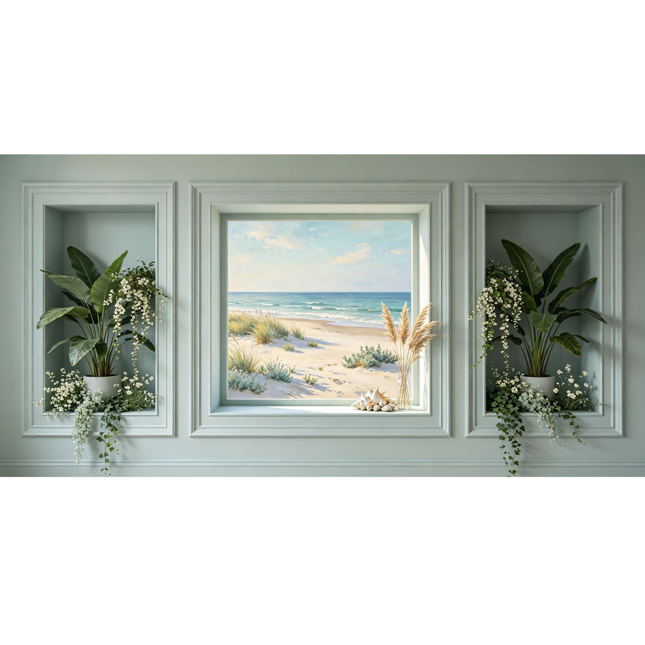Agglomerix 3D Framed Wall Art Coastal Beach Ocean Sand Dunes Seashells Palm Leaves Botanical Large Size Self-Adhesive Removable Wall Decor Prints Artwork for Living Room Bedroom Office