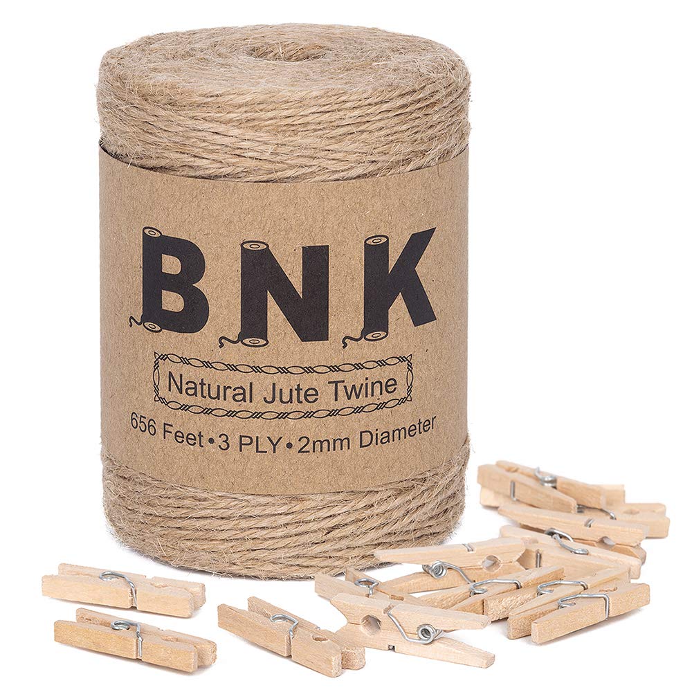 BNKCRAFT BNK 656 Feet 200M Natural Jute String 2mm Thick 3Ply Twine with 20Pcs Mini Wooden Clips for Gifts, DIY Arts&Crafts, Decoration, Bundling, Garden and Recycling