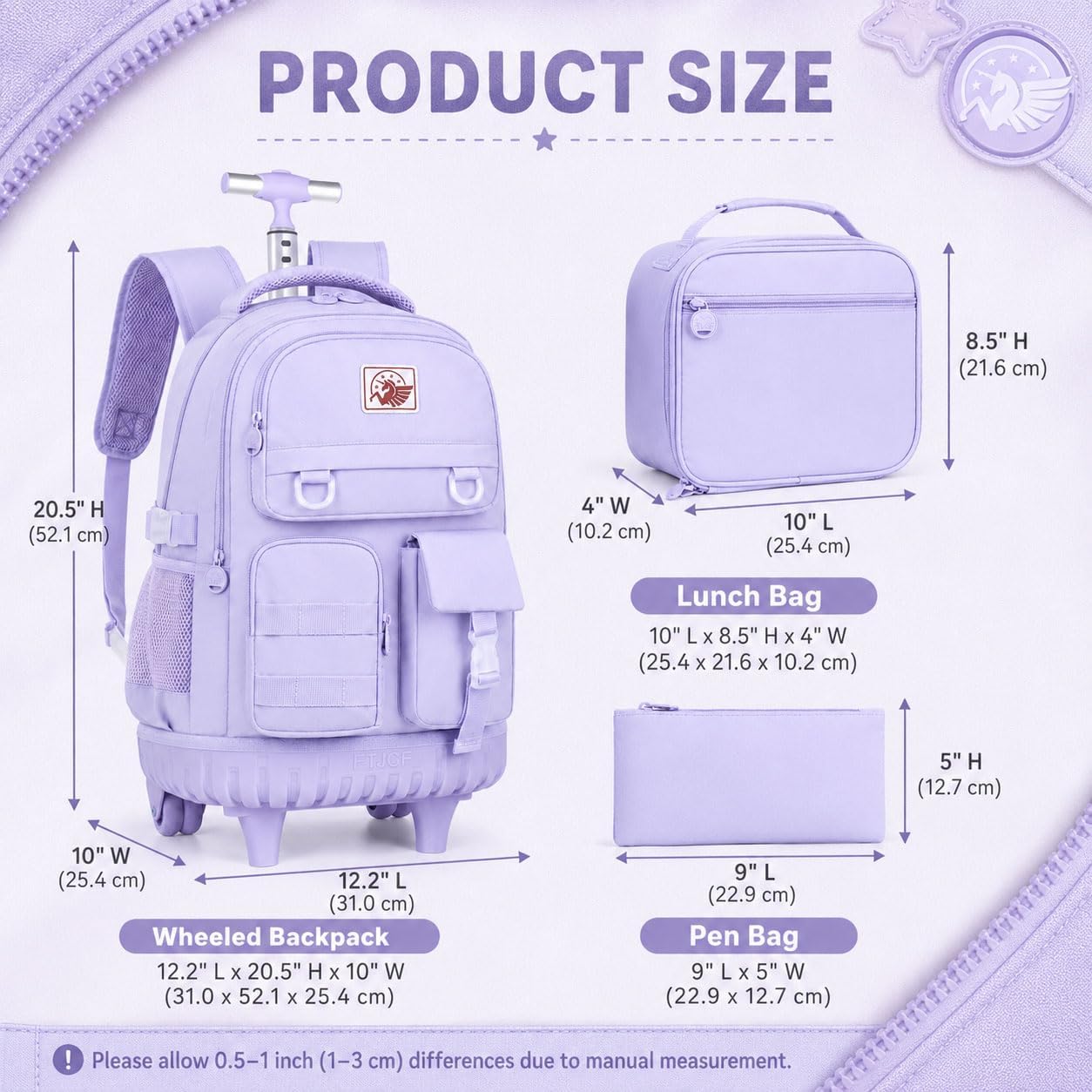 CCJPX Mochila con ruedas para niñas y mujeres, mochila escolar con ruedas de 21 pulgadas, mochila con ruedas con bolsa de almuerzo para adolescentes, 21"púrpura