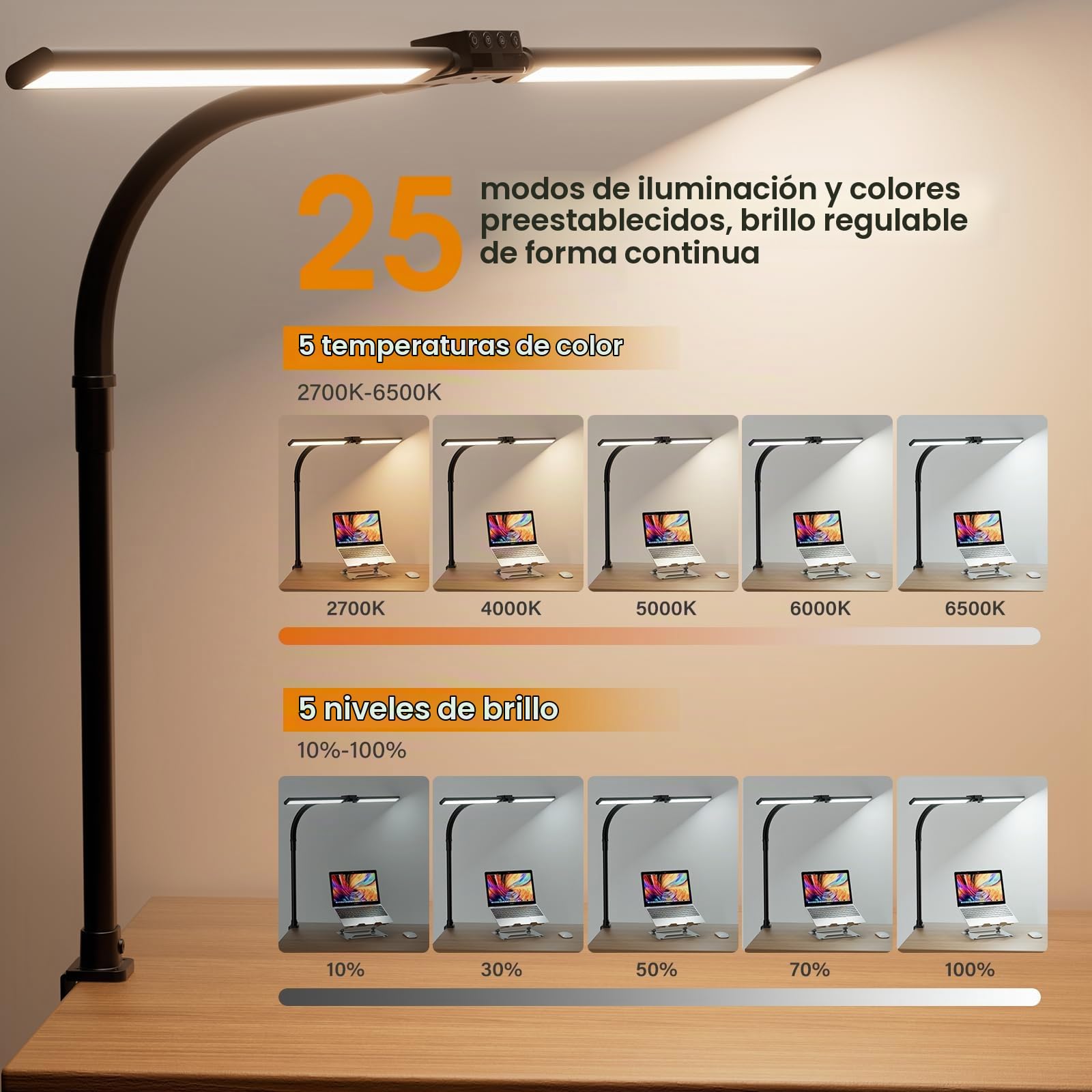 SIBRILLE Lampara Led Escritorio con Pinza, Lámpara De Escritorio Giratoria Para Ordenador Y Oficina En Casa, Lámpara De Escritorio Regulable Ajustable Con Cuello De Cisne, Doble Cabezal, Negro